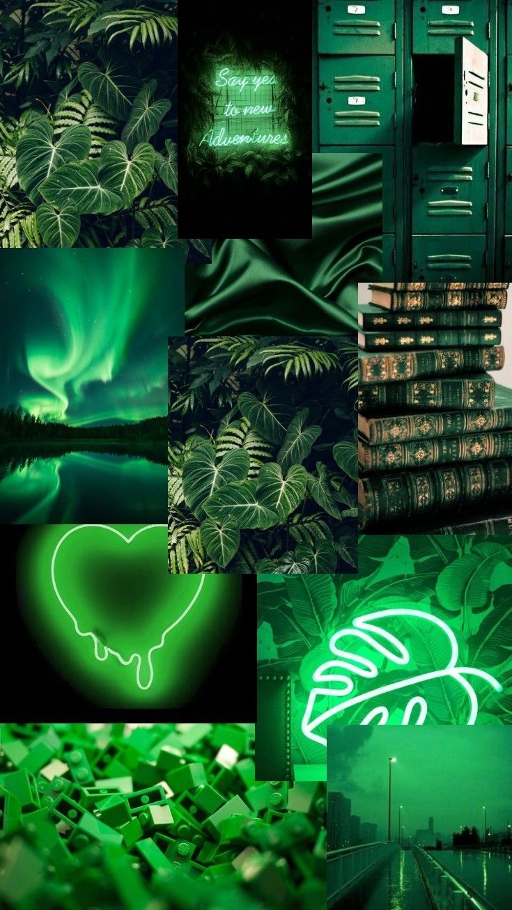 Collage, Neonherz, Polarlicht, Dunkelgrün, Moodboard, HD, Sperrbildschirm fürs iPhone