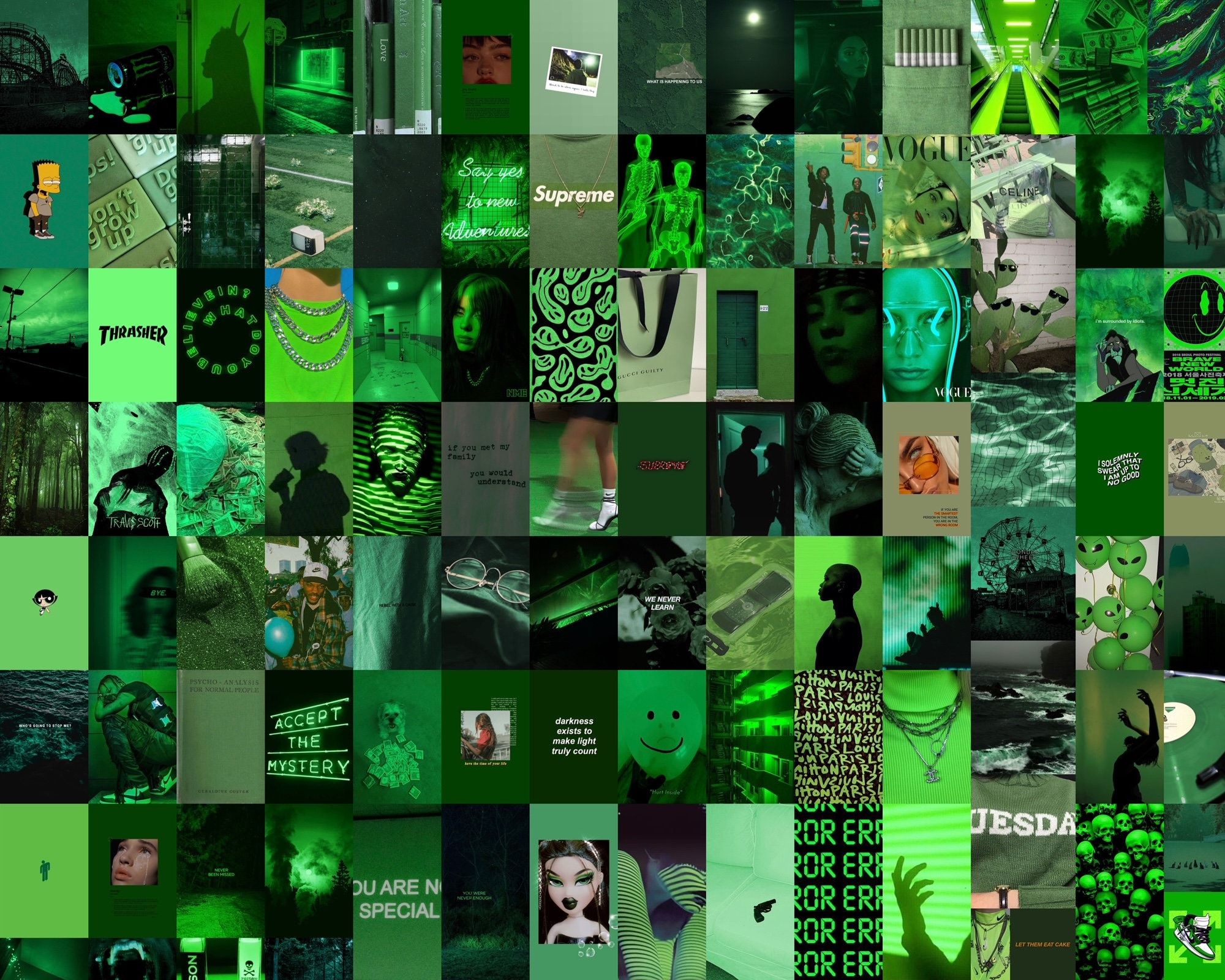 Collage, Neongrün, Dunkelgrün, Moodboard, Grüne Ästhetik, Full HD, Windows-Hintergrundbild