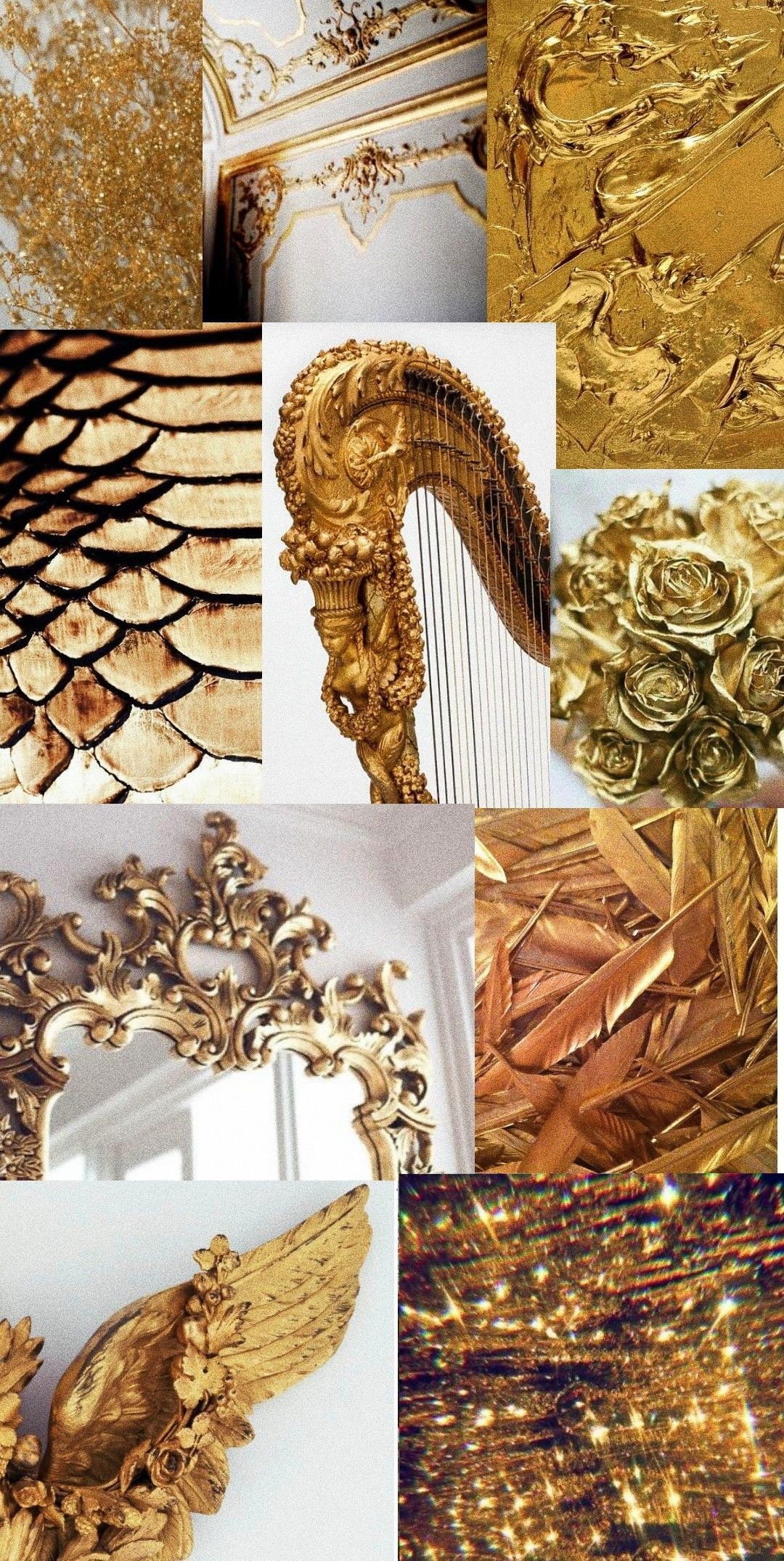 Collage, Goldene Flügel, Gold-Ästhetik, Engel, Hochformat, Hintergrundbild fürs Smartphone