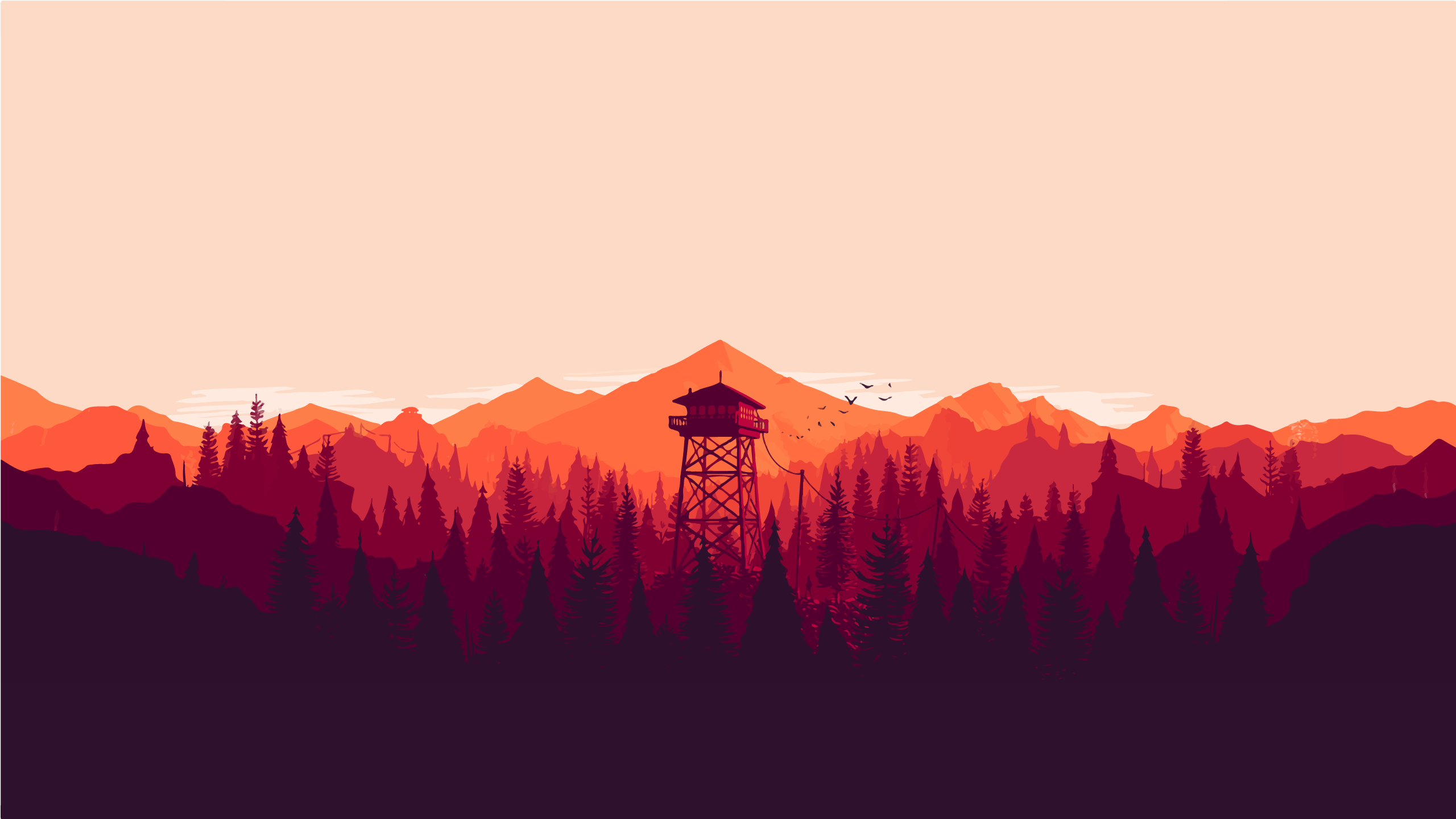 Wachturm, Wald, Berge, Flat Design, Orange, 2K, Hintergrundbild für den PC