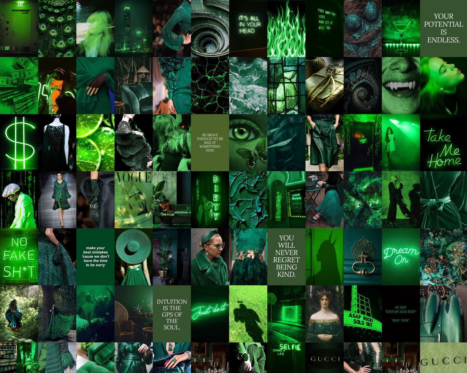 Collage, Neongrün, Dunkelgrün, Dunkle Ästhetik, Moodboard, Full-HD-Hintergrundbild für PC