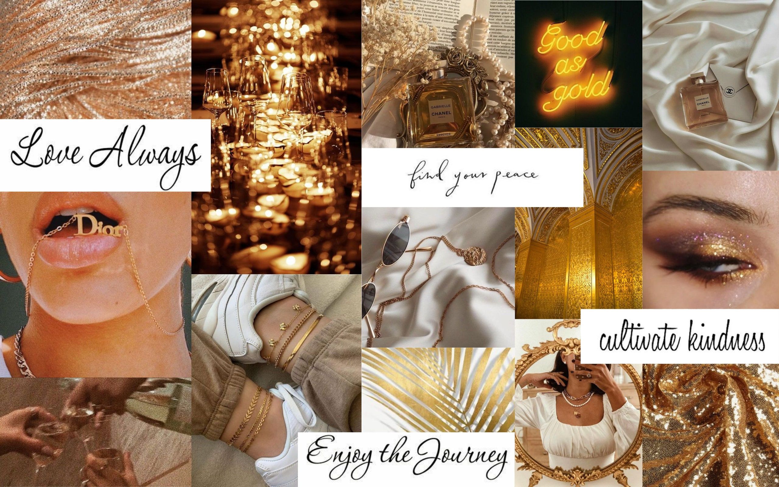 Collage, Love Always, Enjoy the Journey, Goldener Schmuck, Neonschrift, 2K, Windows-Hintergrundbild