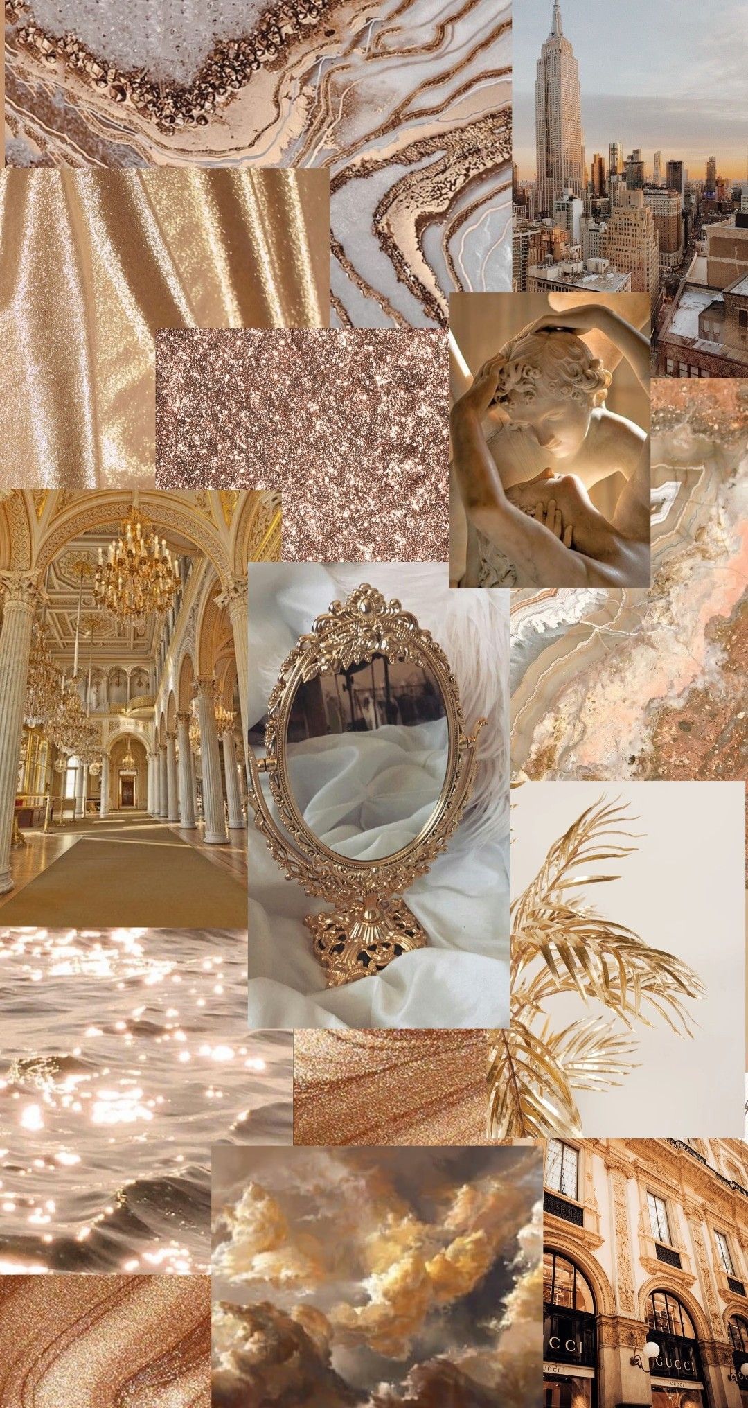 Collage, Gold-Ästhetik, Seide, Champagner, Full HD, Handy-Hintergrund im Hochformat