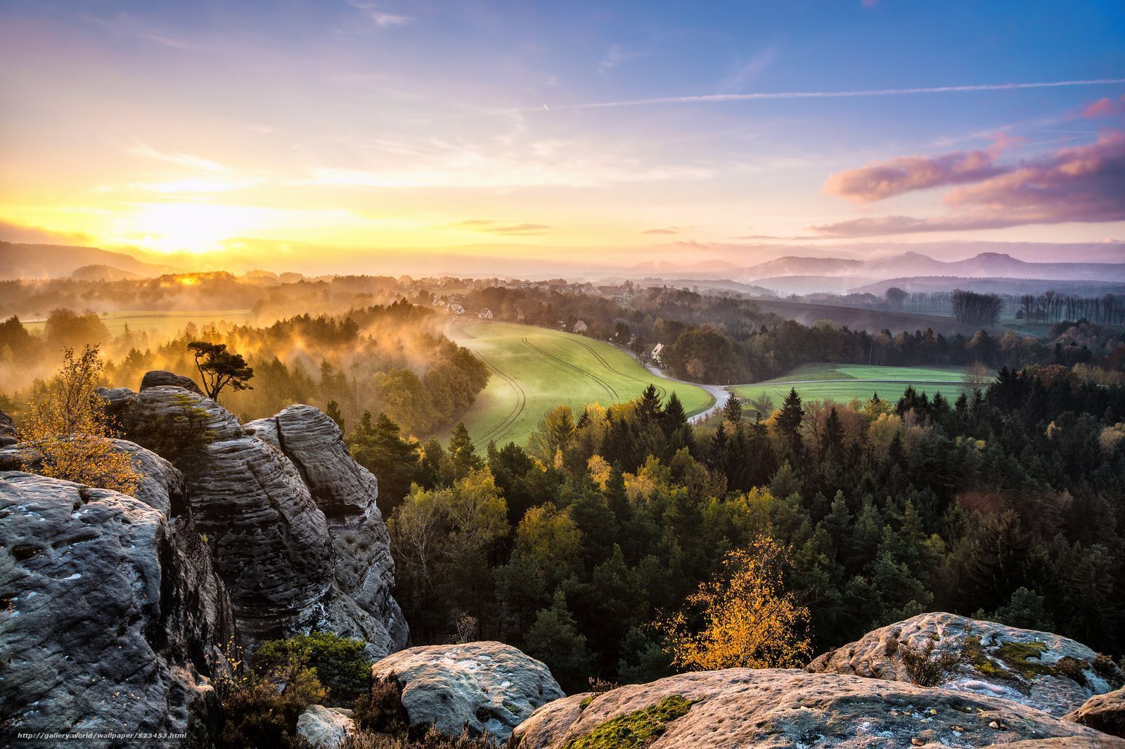 Felsen, Wald, Sonnenaufgang, Nebel, Landschaft, HD, Hintergrundbild für den PC