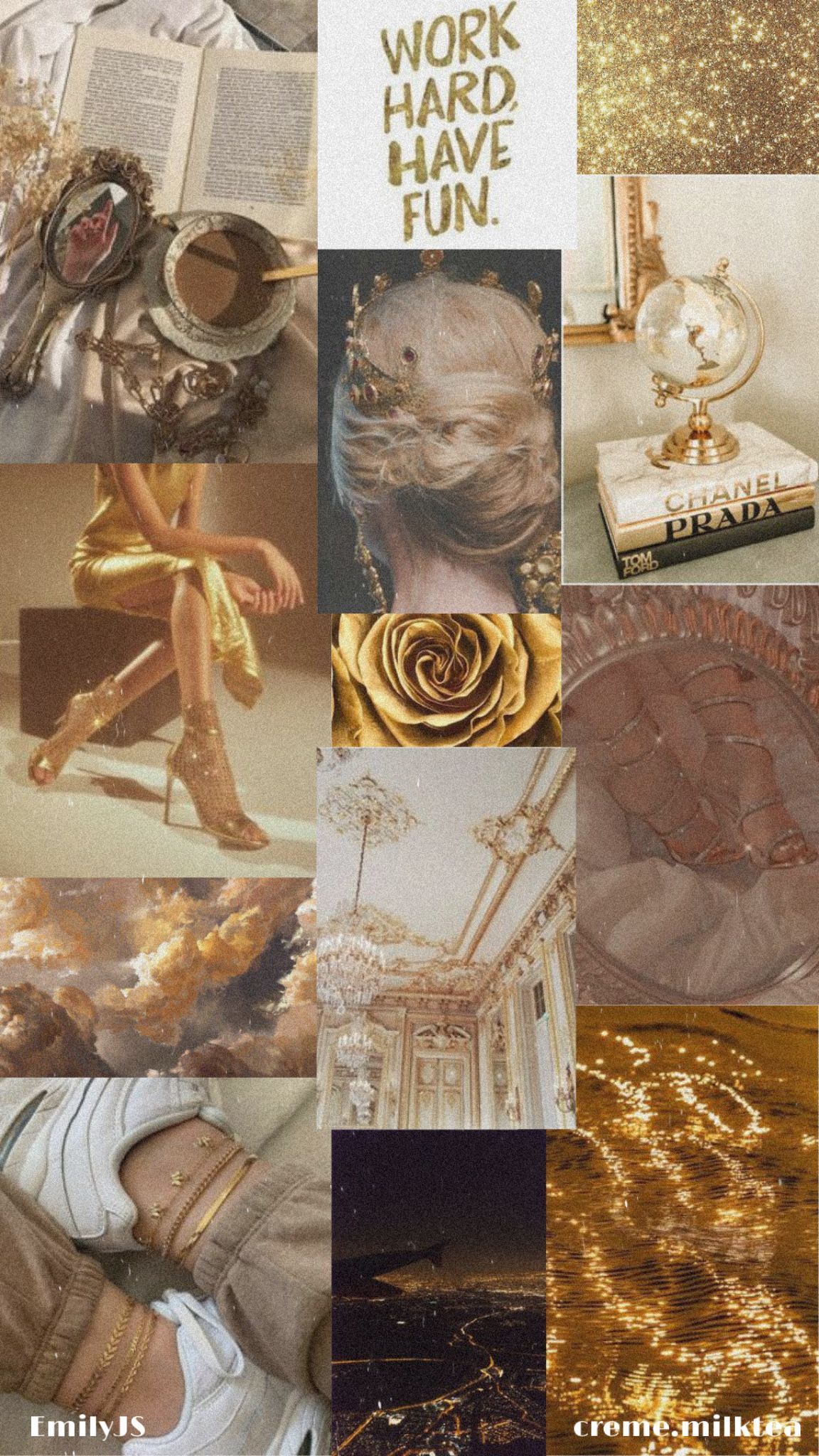 Work hard, have fun, Collage, Beige, Gold-Ästhetik, Hintergrundbild für iPhone und Android
