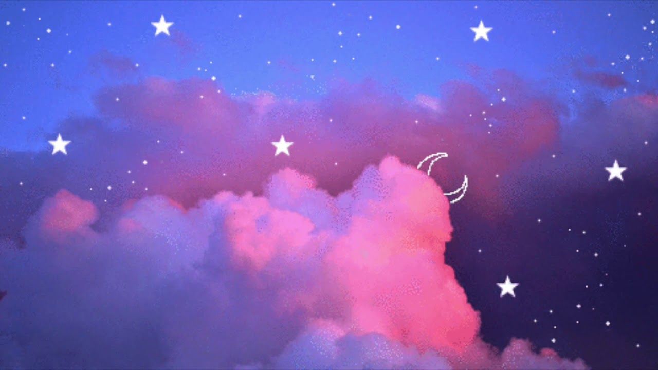 Rosa Wolken, Sterne, Mondsichel, Nachthimmel, Violett, HD, Hintergrund für den Desktop