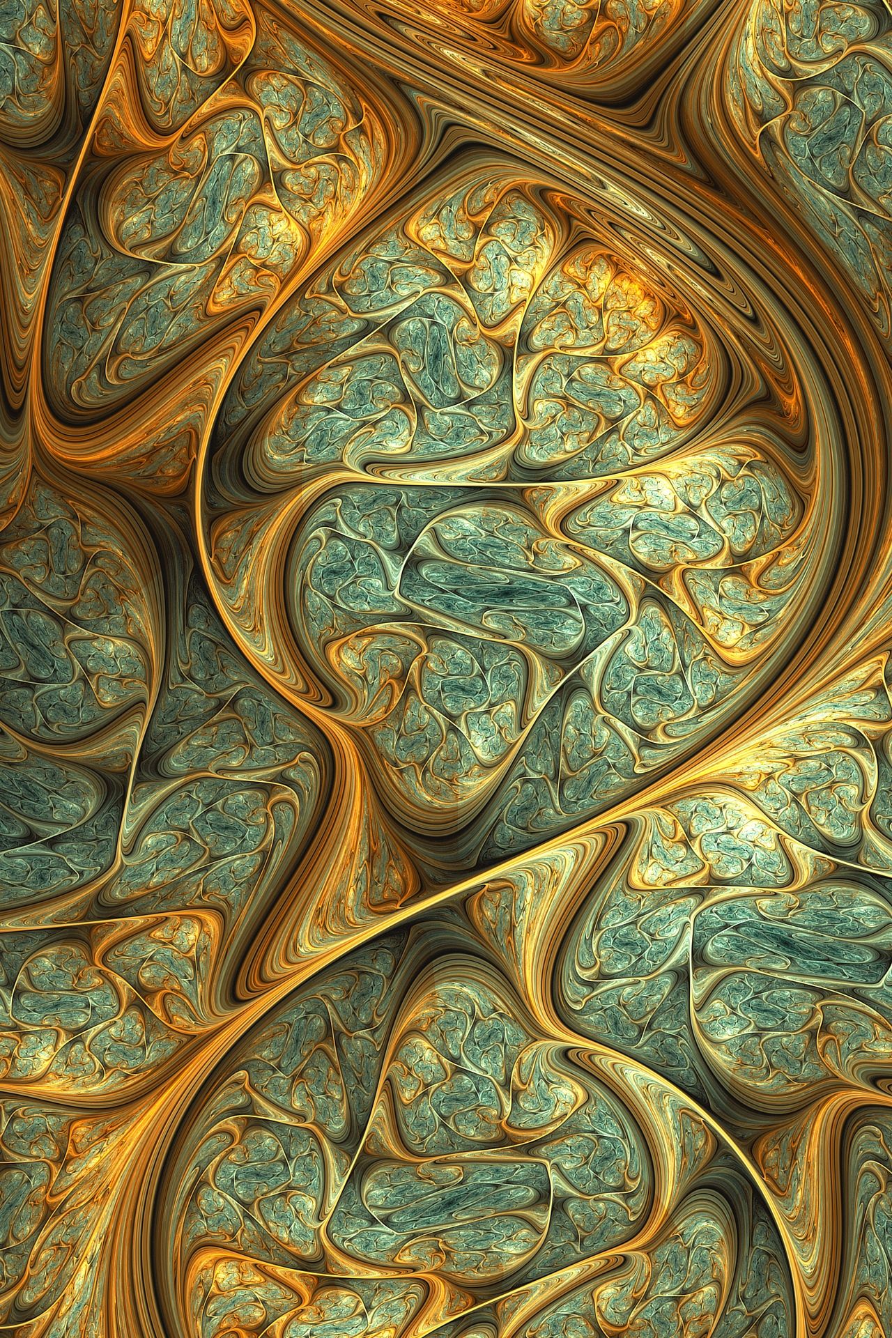 Fraktal, Gold, Türkis, Ornament, Abstrakt, Full HD, Handy-Hintergrund im Hochformat