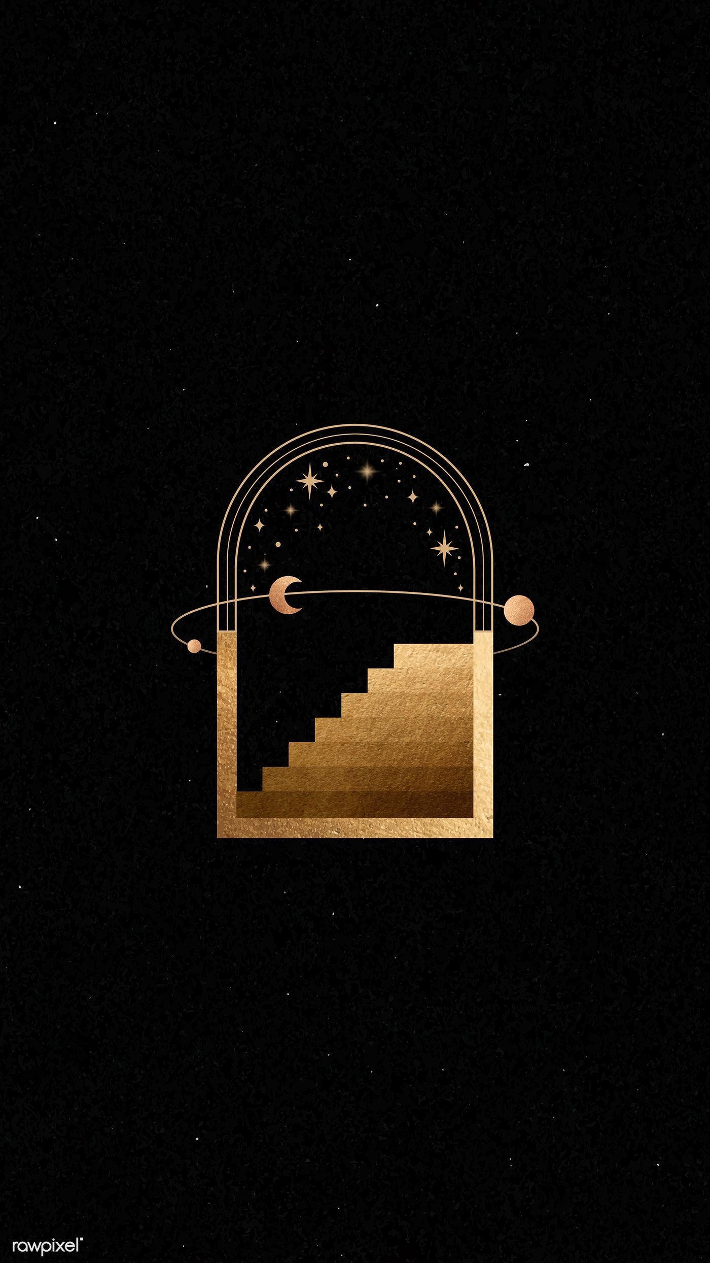 Torbogen, Treppe, Mond, Goldlinien, Schwarz Hintergrund, Sperrbildschirm fürs iPhone