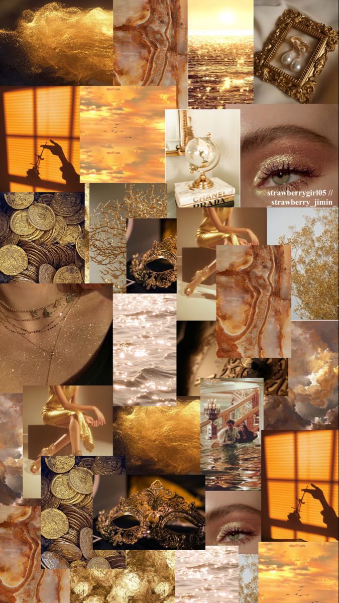 Collage, Gold-Ästhetik, Bernstein, Münzen, Hintergrundbild für iPhone und Android