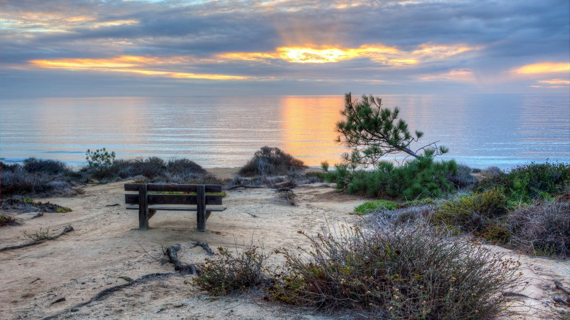 Küste, Bank, Sonnenuntergang, Meer, Sträucher, 1920x1080, Full-HD-Hintergrundbild für PC