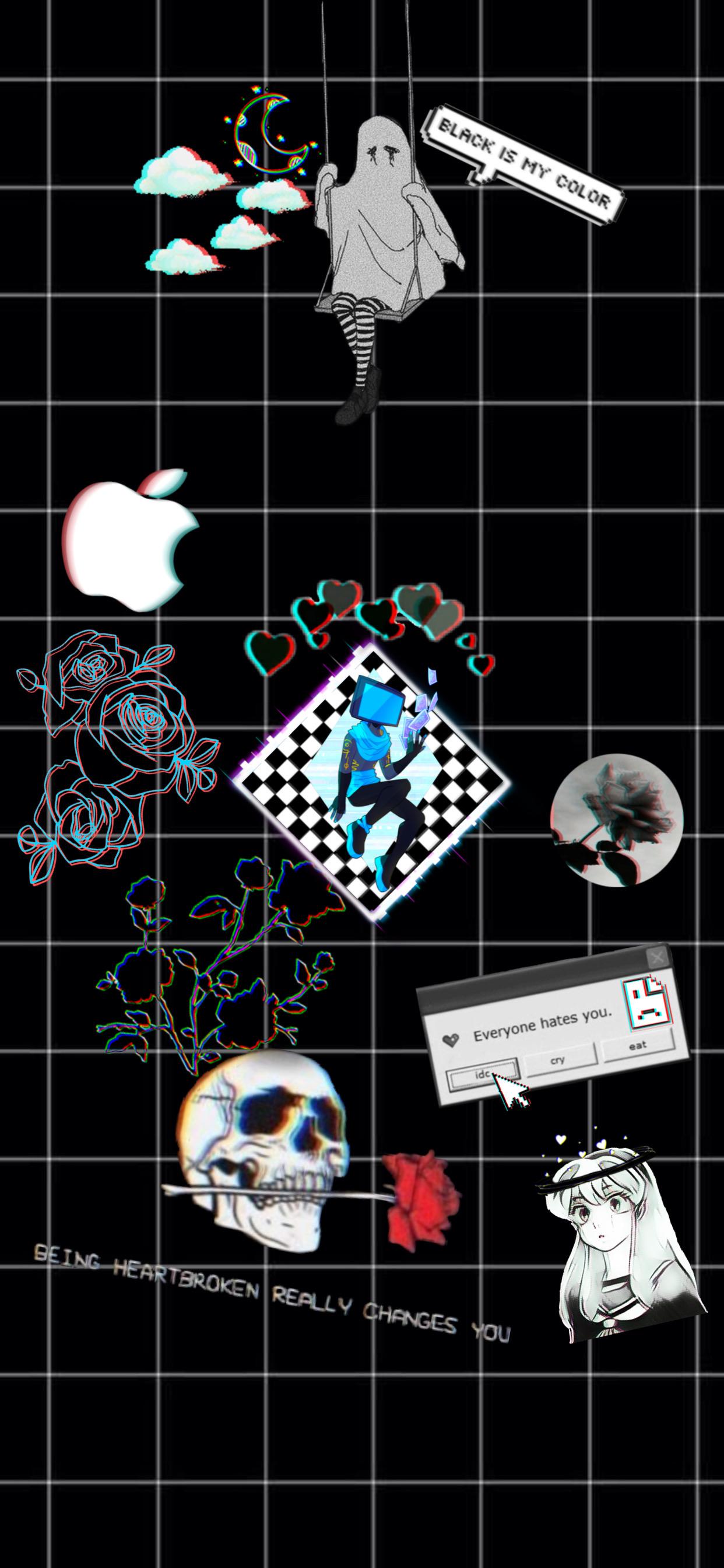Collage, Sticker, Apple-Logo, Totenkopf, Gitter, Schwarzer Hintergrund, iPhone 17 Pro Max, Wallpaper