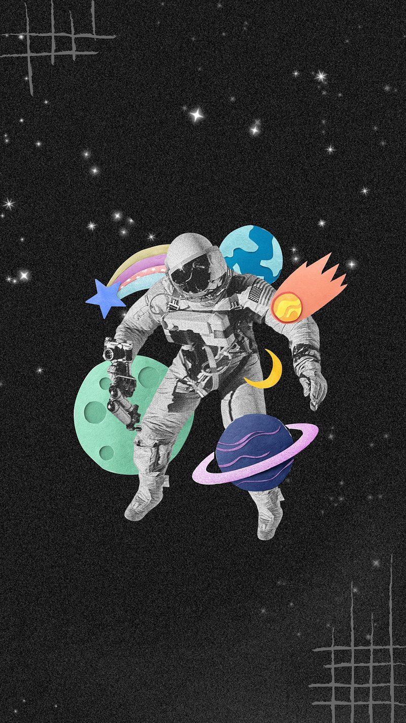 Astronaut, Planeten, Weltall, Collage, Sterne, Schwarzer Hintergrund, iPhone-18-Wallpaper