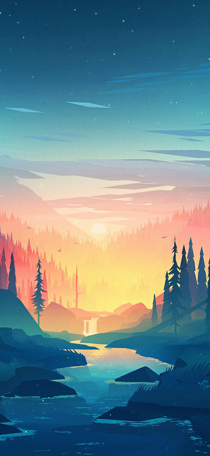 Landschaft, Illustration, Wald, Fluss, Sonnenuntergang, Berge, Hintergrundbild fürs iPhone 18