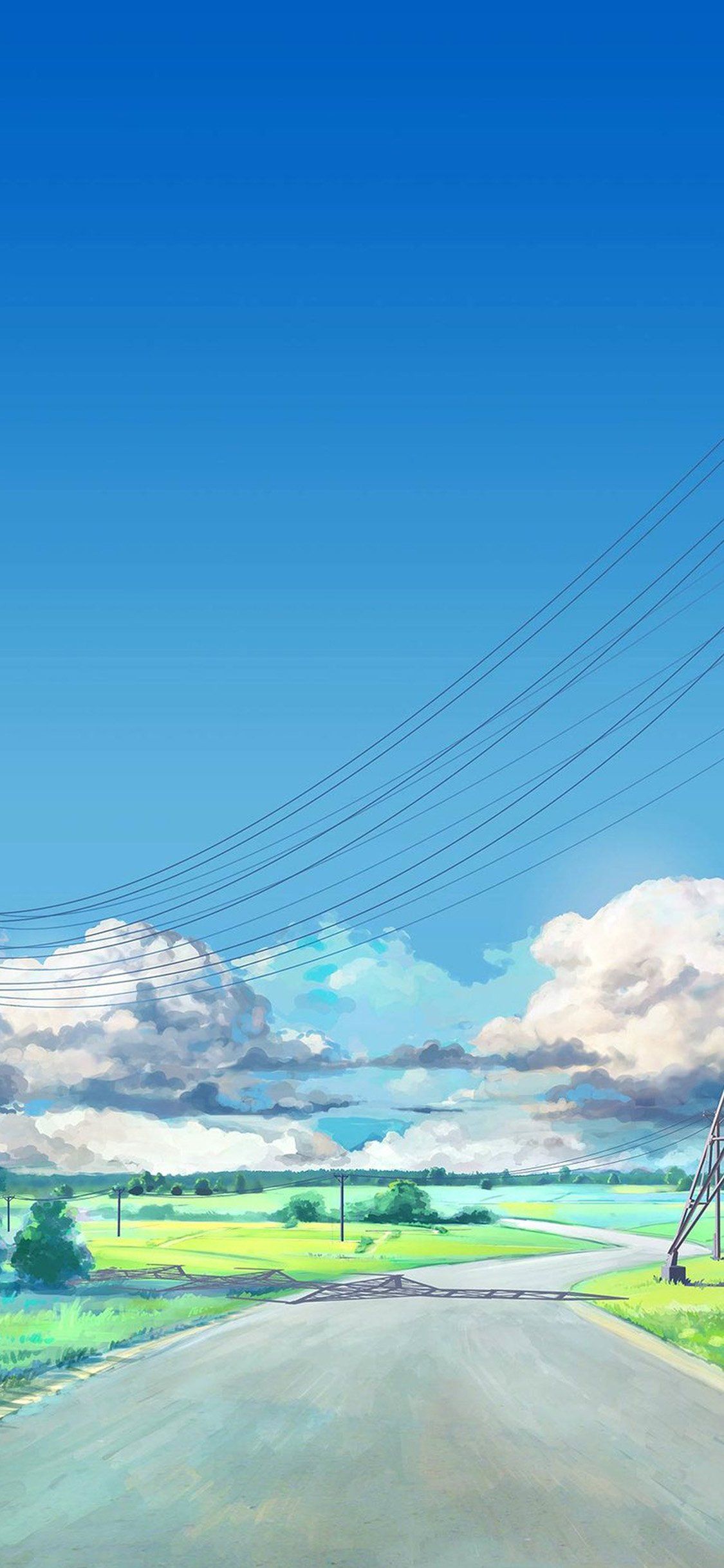 Anime-Stil, Blauer Himmel, Straße, Wolken, Sommer, Stromleitungen, iPhone 18, Hintergrundbild