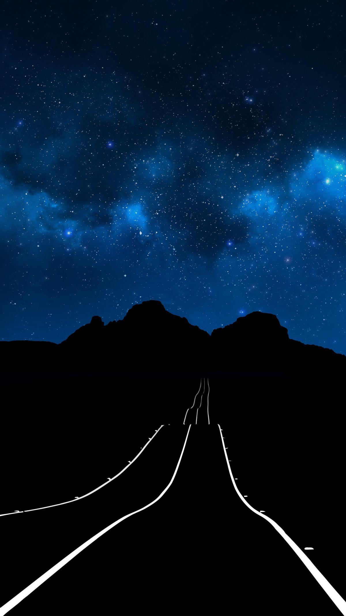 Straße, Sternenhimmel, Berge, Silhouette, Nacht, iPhone-18-Hintergrundbild