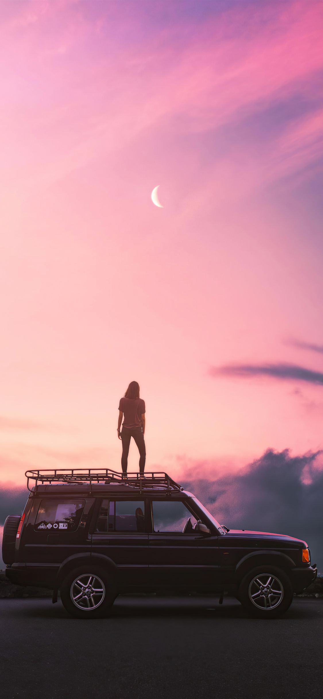 Silhouette, Auto, Abendhimmel, Rosa Himmel, Mondsichel, Abenteuer, Sperrbildschirm fürs iPhone 18