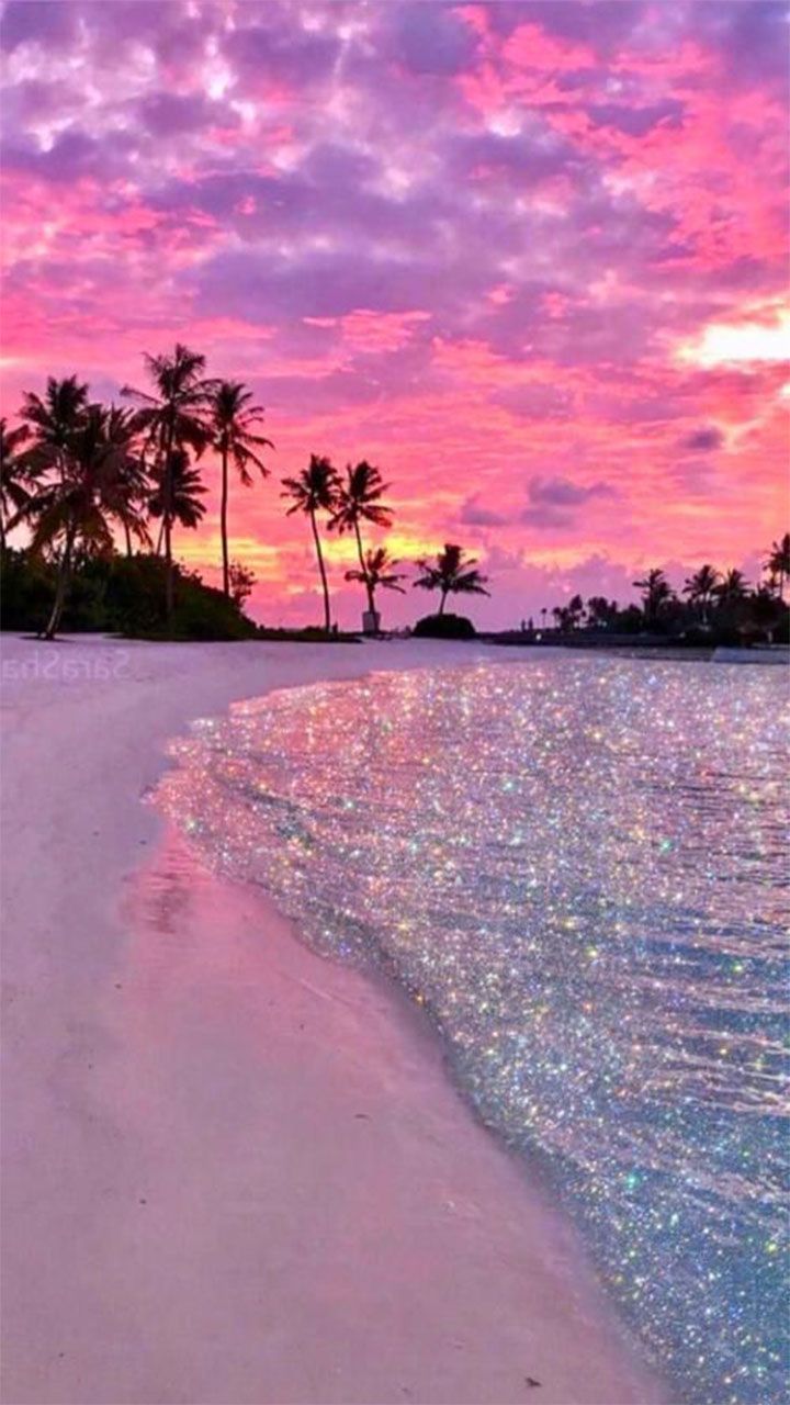 Strand, Palmen, Rosa Himmel, Sonnenuntergang, Tropen, Glitzerndes Wasser, Android-Hintergrundbild