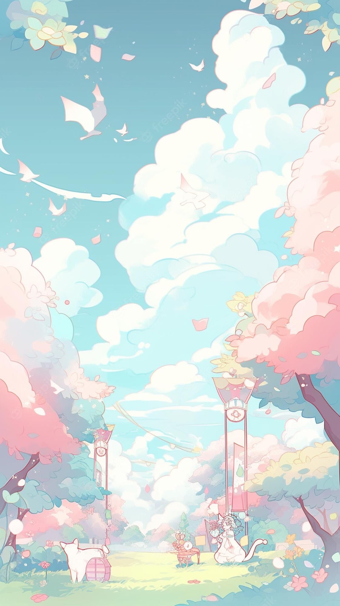 Anime-Stil, Wolken, Rosa Bäume, Pastellfarben, Illustration, iPhone-18-Wallpaper