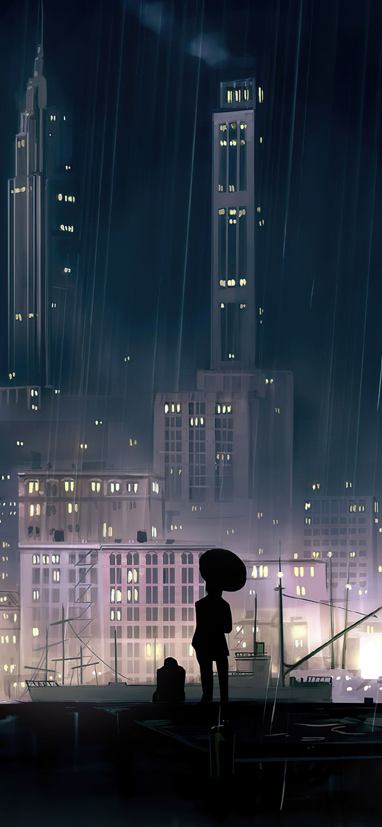 Anime-Stil, Stadt bei Nacht, Silhouette, Wolkenkratzer, Dunkel, iPhone-17-Pro-Max-Wallpaper