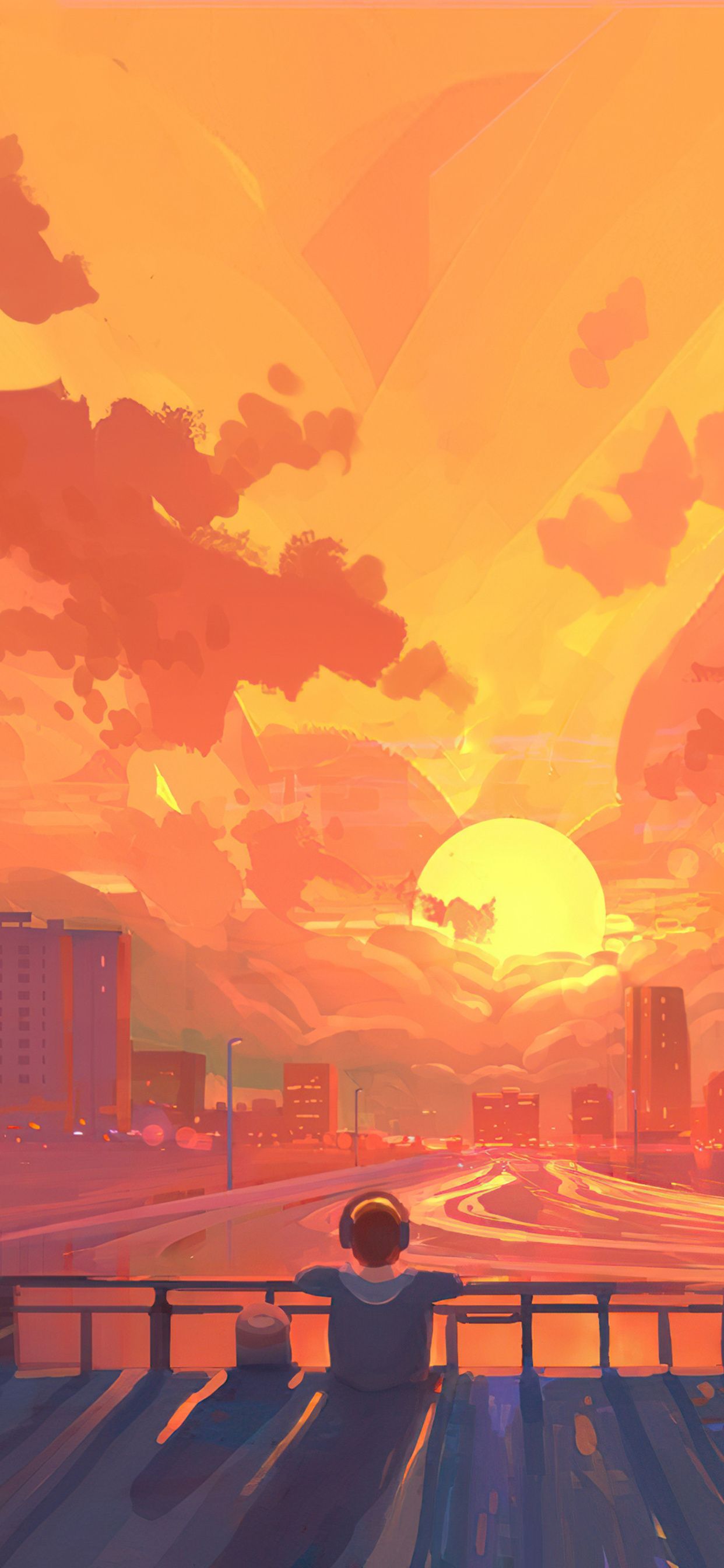 Anime-Stil, Sonnenuntergang, Brücke, Stadt, Orange Wolken, Illustration, iPhone-17-Pro-Max-Wallpaper