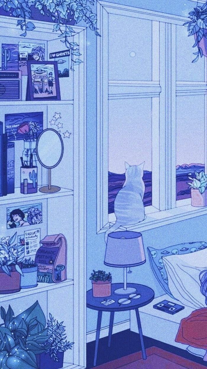 Gemütliches Zimmer, Katze, Illustration, Lila, Lo-Fi, Hintergrundbild für iPhone und Android