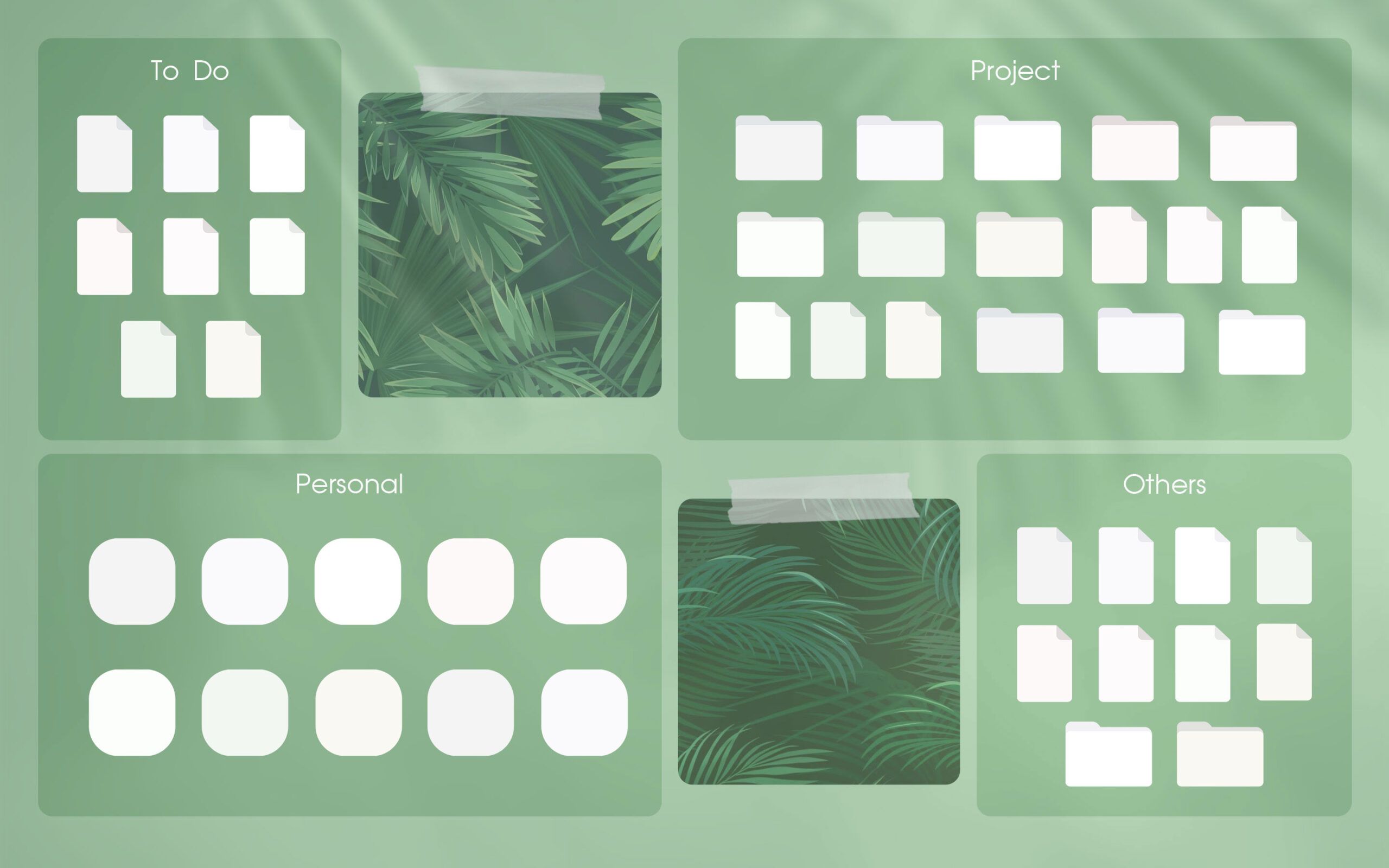 Desktop-Organizer, Ordnersymbole, Palmblätter, Salbeigrün, To-do, 2K-Hintergrundbild für PC