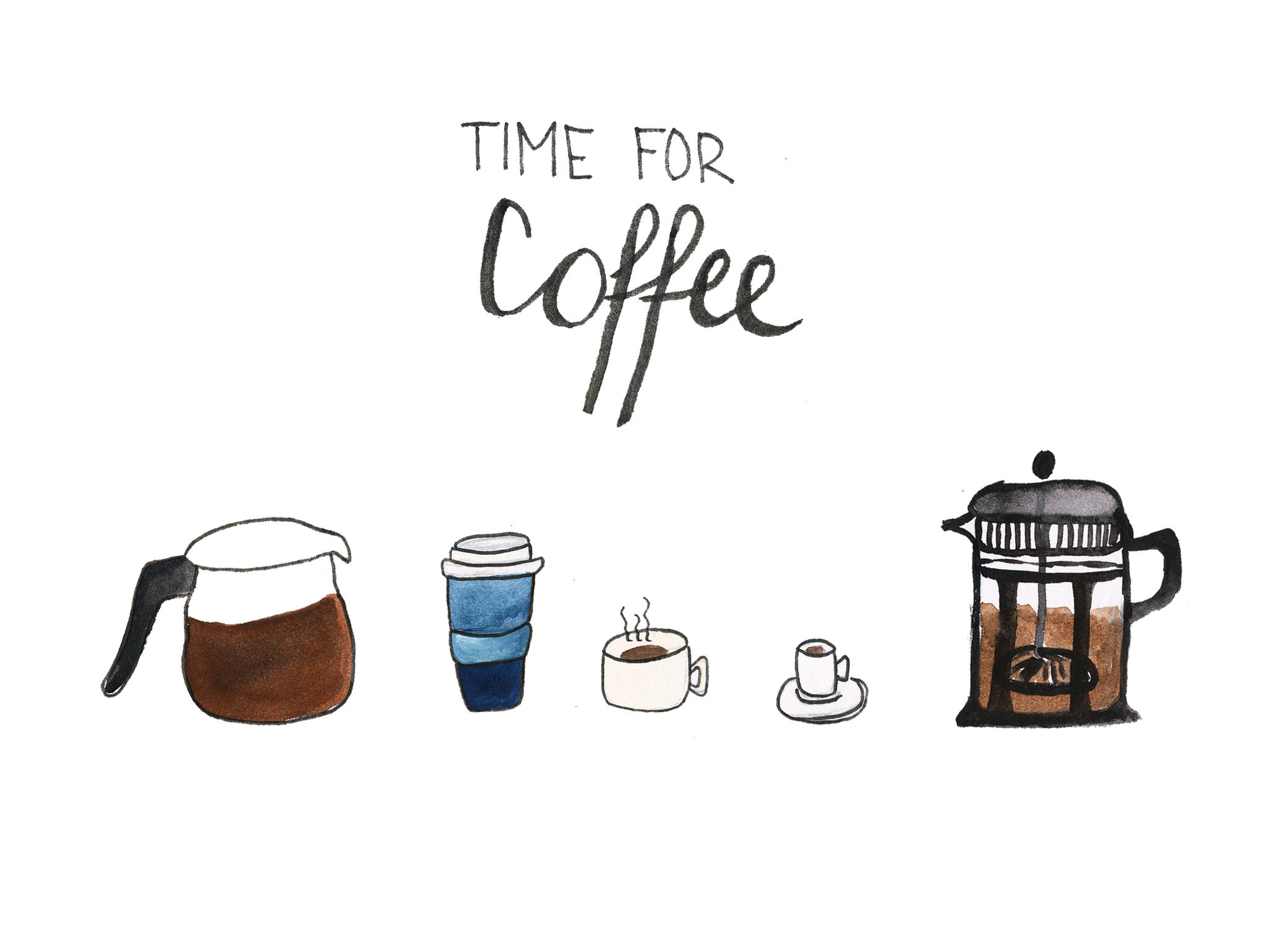 Time for Coffee, Kaffee, Kaffeekanne, French Press, Illustration, Full HD, iPad-Hintergrundbild