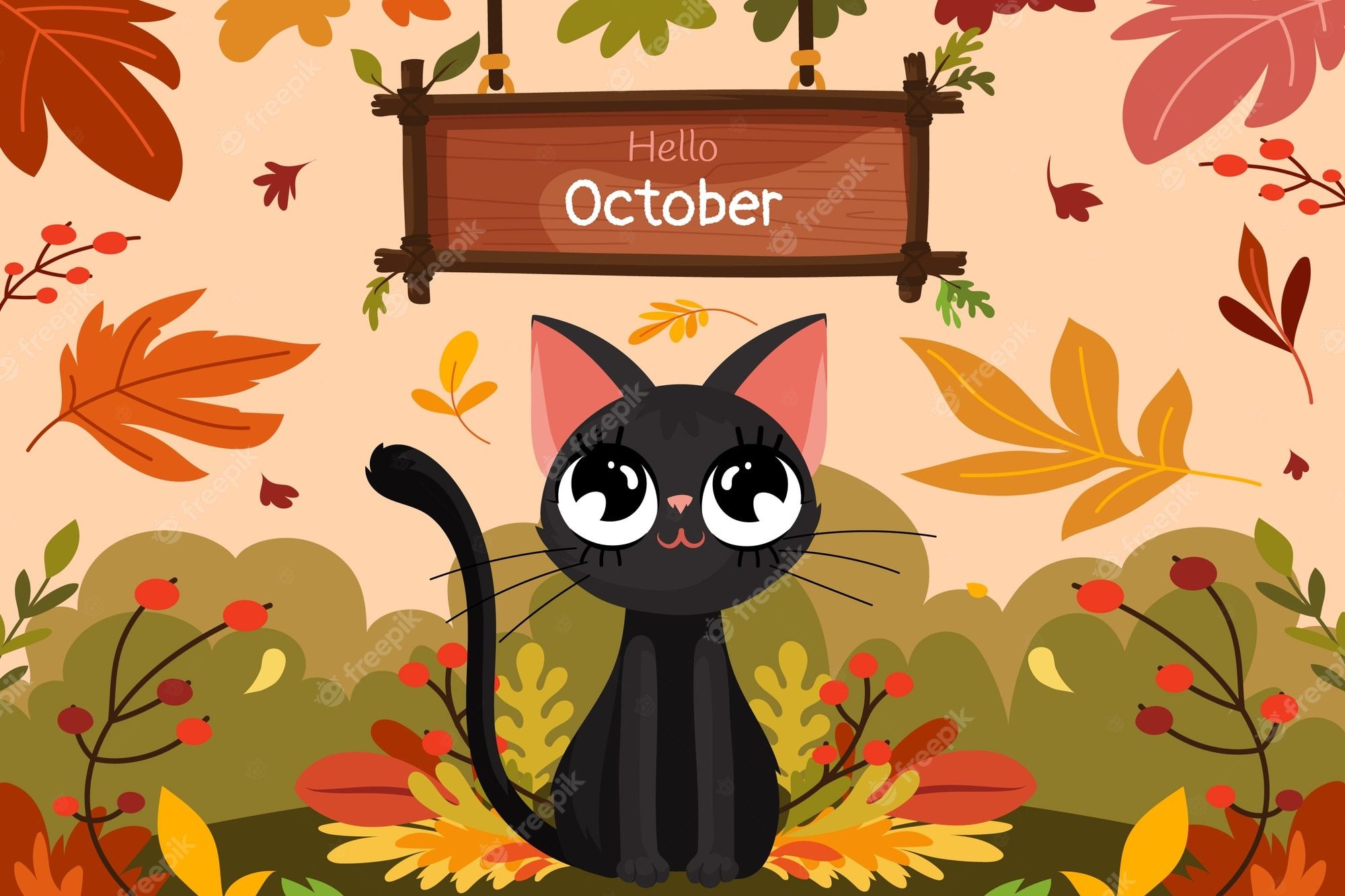 Hello October, Schwarze Katze, Herbstlaub, Illustration, Herbst, Full HD, PC-Hintergrundbild