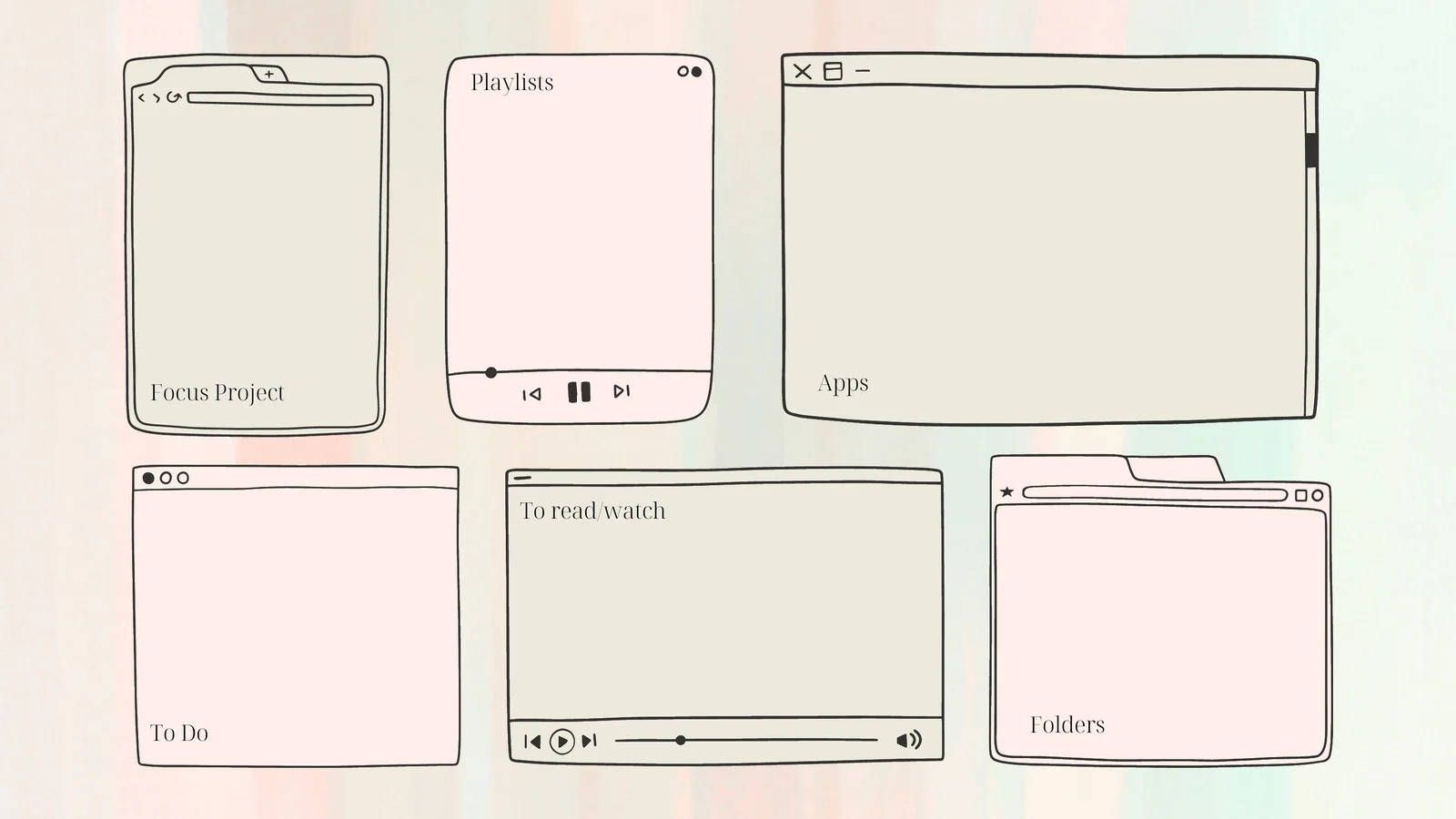Desktop-Organizer, Fensterrahmen, Handgezeichnet, Pastell, Musikplayer, HD, PC-Hintergrundbild