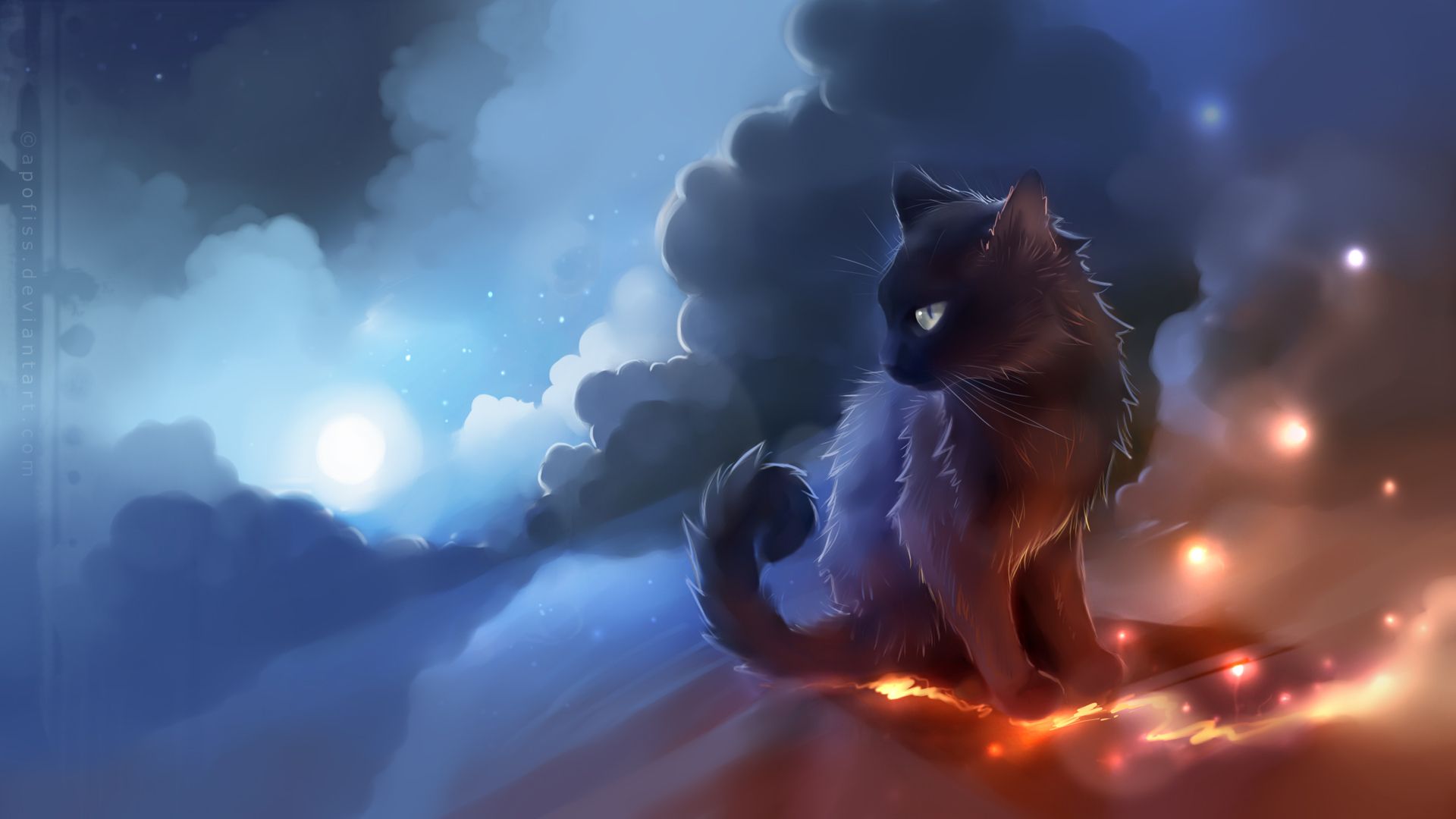 Fantasy-Katze, Wolken, Mondlicht, Digitale Malerei, Blau, 1920x1080, PC-Hintergrundbild