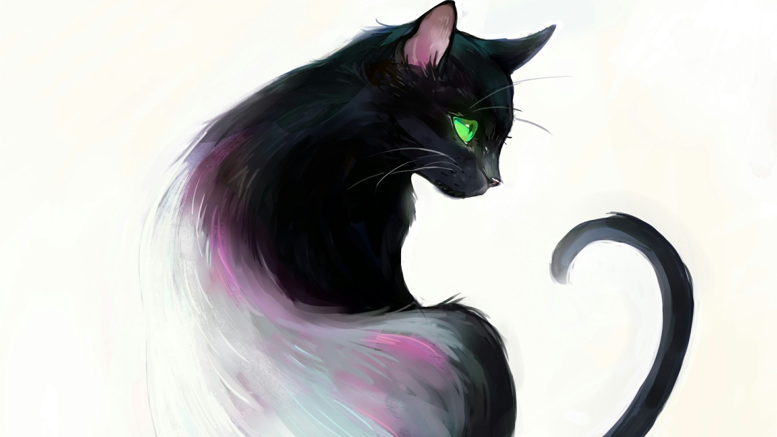 Schwarze Katze, Grüne Augen, Digitale Malerei, Kunst, Weißer Hintergrund, 2K Wallpaper