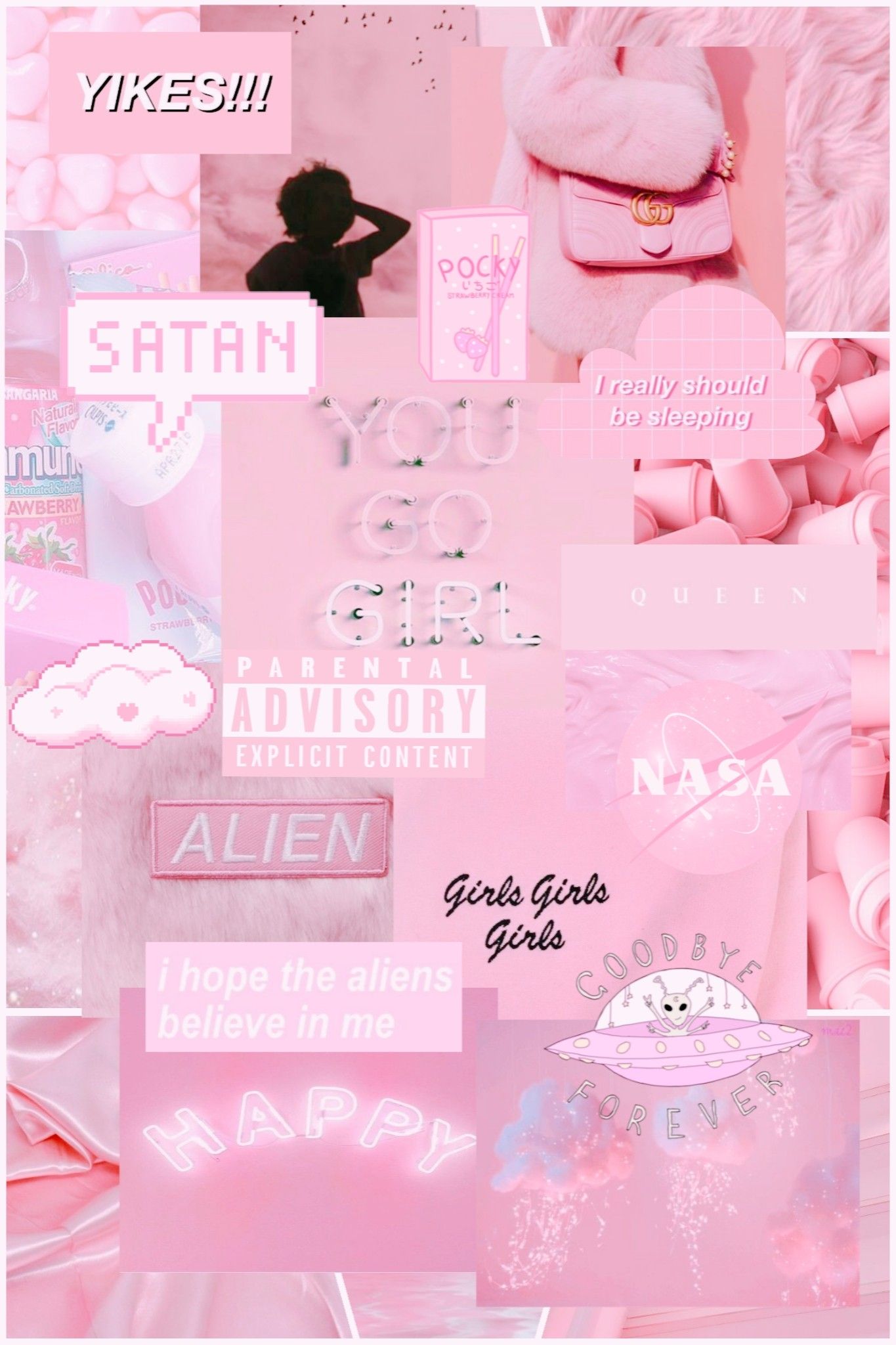 Collage, Schriftzüge, Alien, Pastellrosa, Ästhetik, Full HD, Handy-Hintergrund im Hochformat