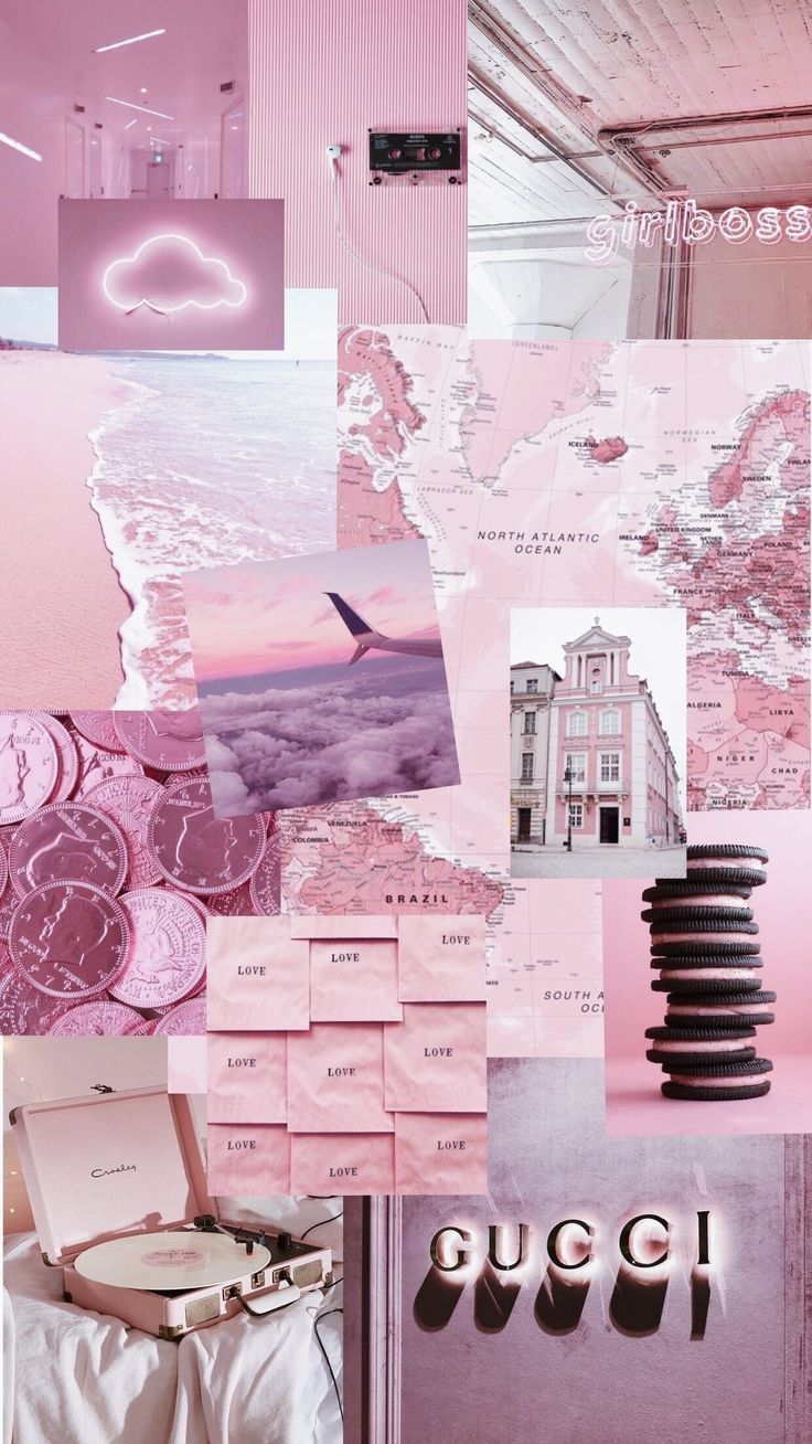 Gucci, Collage, Neon-Wolke, Mauve, Ästhetik, Hintergrundbild für iPhone und Android