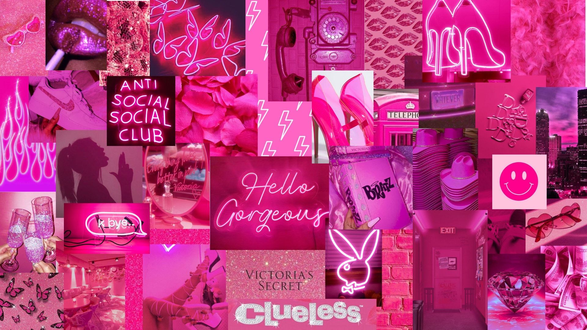Clueless, Victoria's Secret, Anti Social Social Club, Playboy-Hase, Collage, Neonpink, 1080p-Hintergrundbild