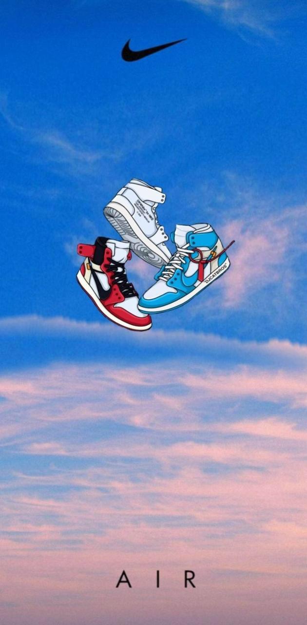 Air Jordan 1, Nike, Schwebende Sneaker, Wolken, Himmel, Hochformat, Hintergrundbild fürs Smartphone
