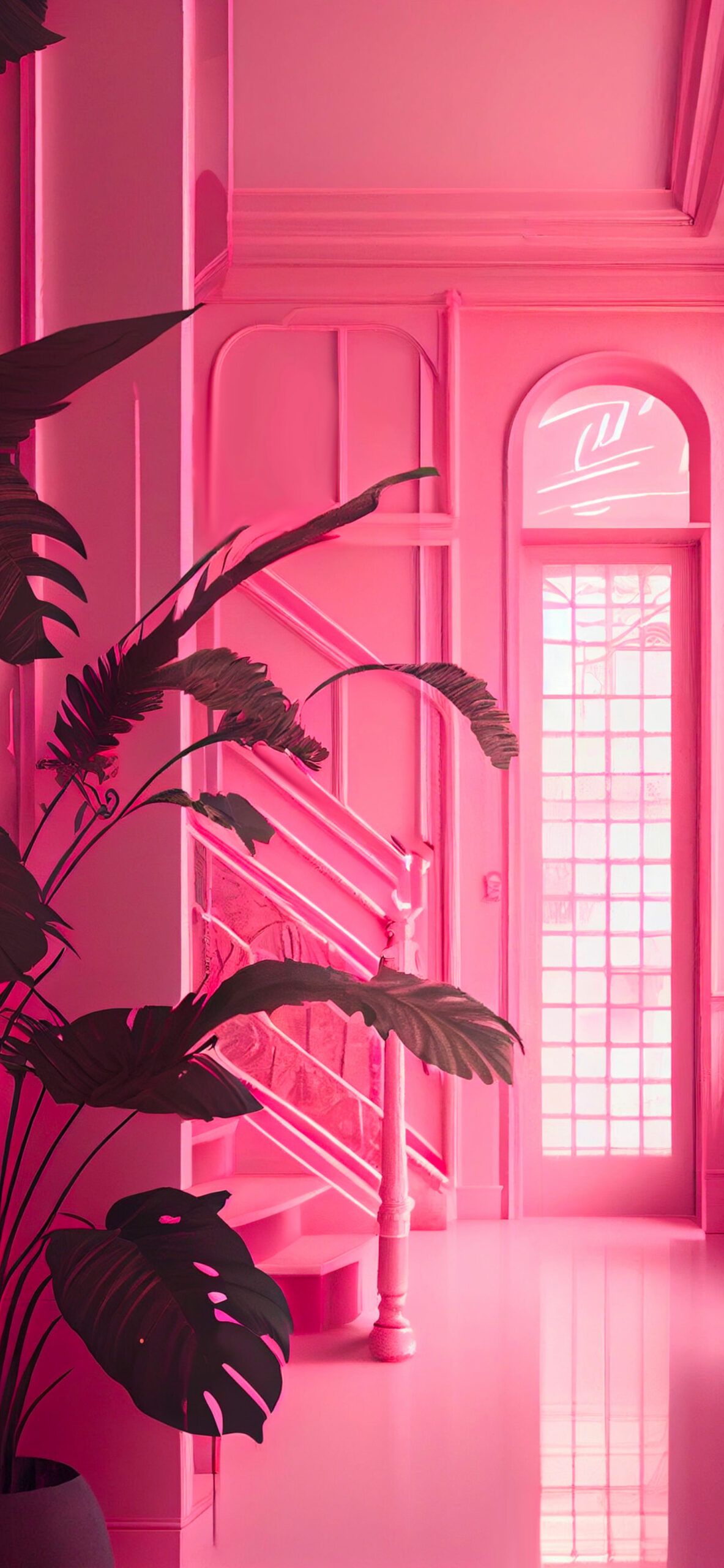 Rosa Zimmer, Fenster, Pflanze, Interieur, Pink, Full HD, Handy-Hintergrund im Hochformat