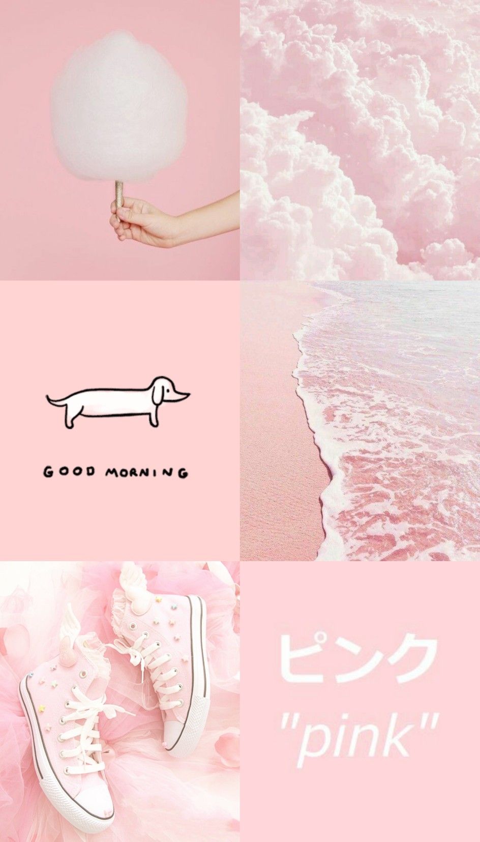 Collage, Zuckerwatte, Dackel, Sneaker, Pastellrosa, Hochformat, Hintergrundbild fürs Smartphone