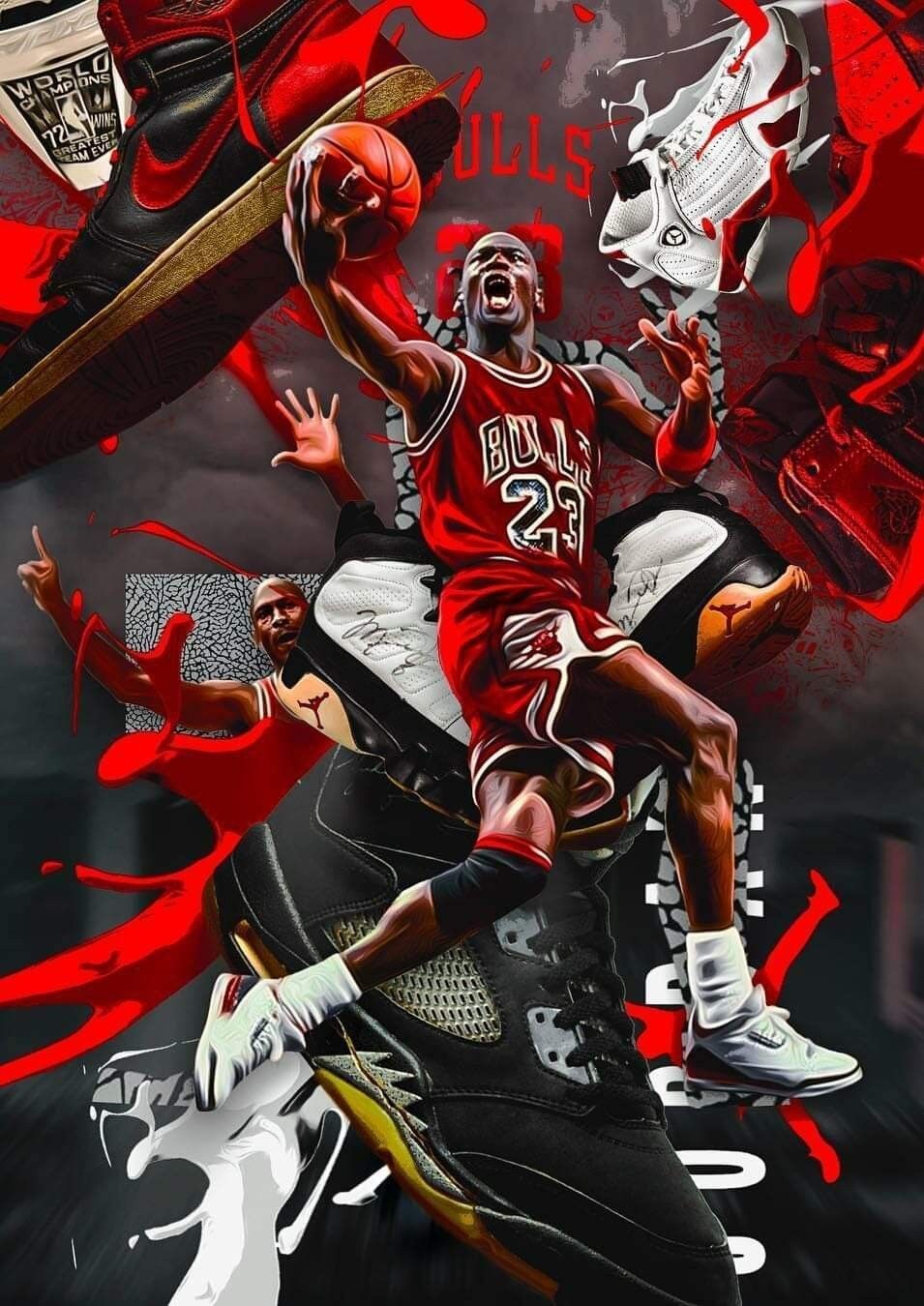 Michael Jordan, Chicago Bulls, Air Jordan 1, Collage, Digitale Kunst, Hintergrundbild fürs Tablet
