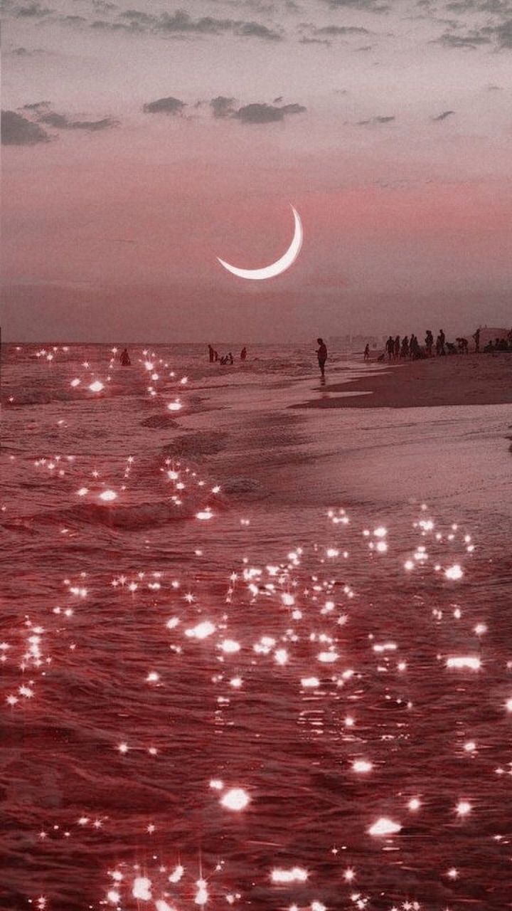 Mondsichel, Meer, Glitzerndes Wasser, Abend, Rosa, HD, Hintergrundbild fürs Handy