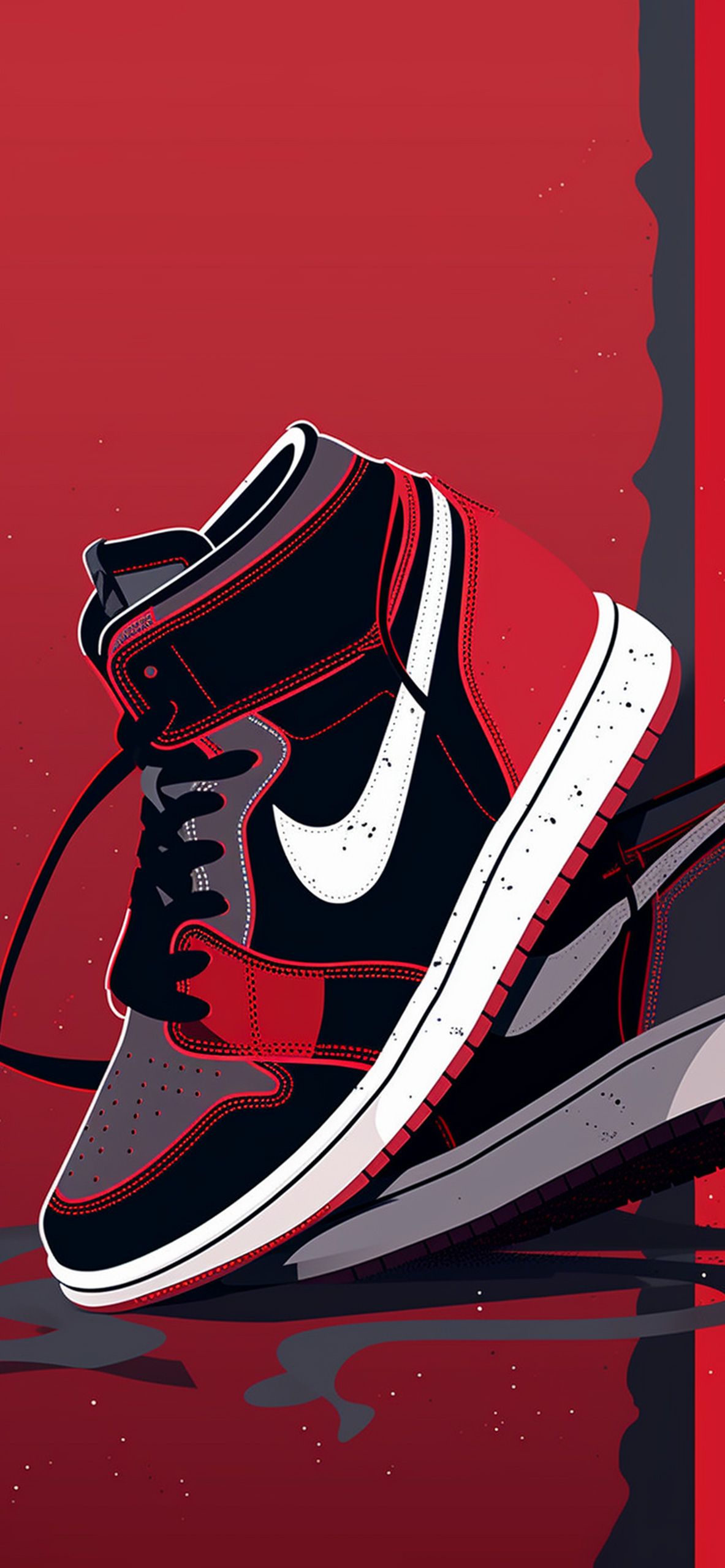 Air Jordan 1, Sneaker, Schwarz-Rot, Illustration, Roter Hintergrund, Sperrbildschirm fürs iPhone