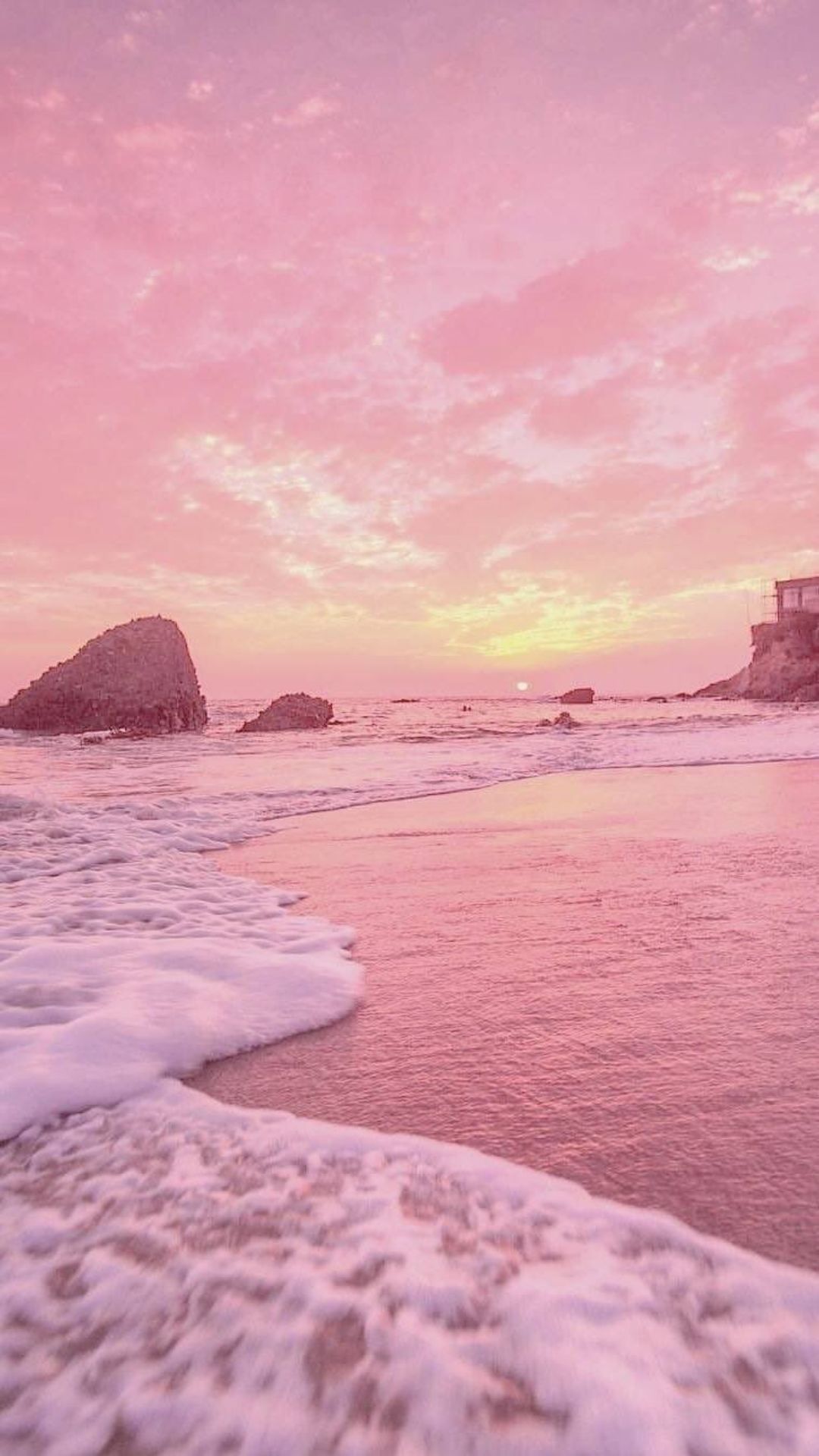 Strand, Wellen, Rosa Himmel, Pastell, Hochformat, Full HD, Sperrbildschirm fürs iPhone