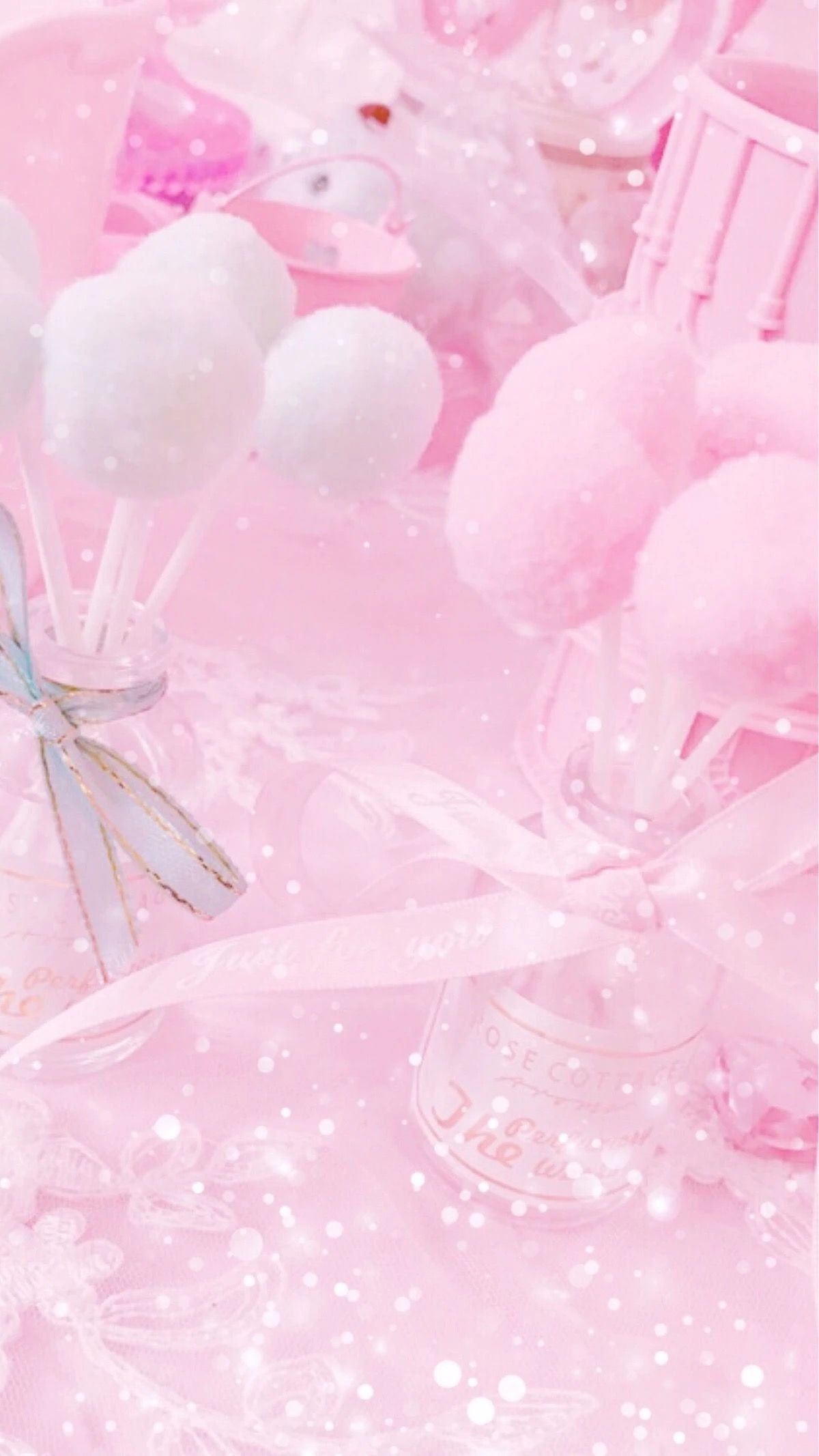 Pompons, Schleifen, Glitzer, Pastellrosa, Mädchenhaft, Full HD, Hintergrundbild fürs Handy