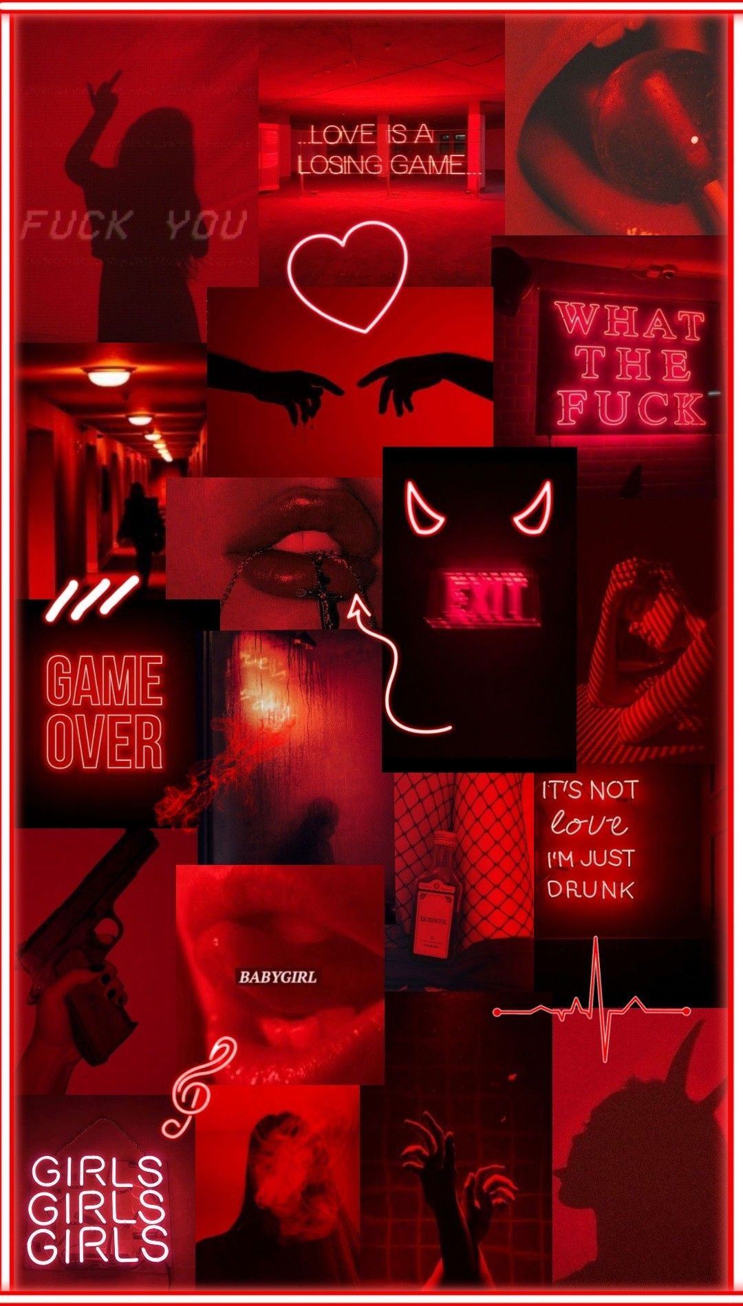 Collage, Rote Ästhetik, Neonherz, Teufelshörner, Rote Lippen, Moodboard, Full HD, Handy-Hintergrund