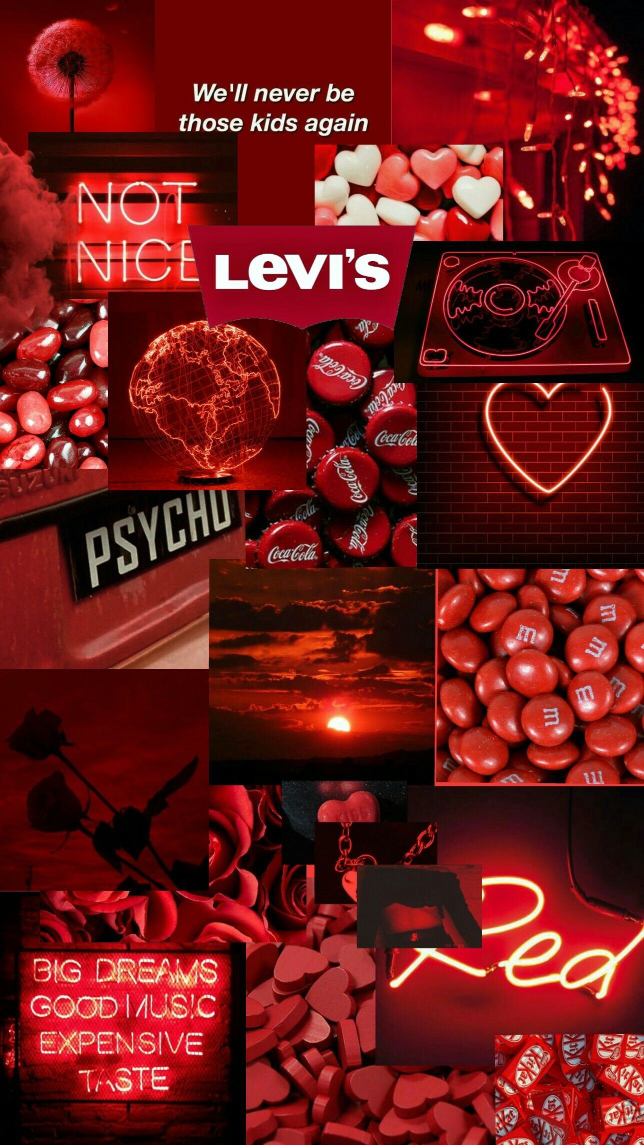 Levi's, Collage, Rote Ästhetik, Neonschrift, Herz, Moodboard, Android-Hintergrundbild