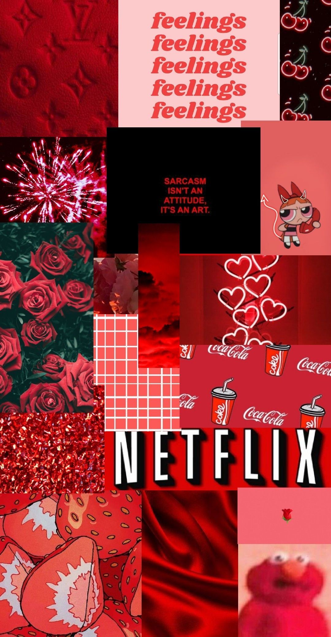 Netflix, Collage, Rote Ästhetik, Typografie, Rosa Töne, Hochformat, Hintergrundbild fürs Smartphone