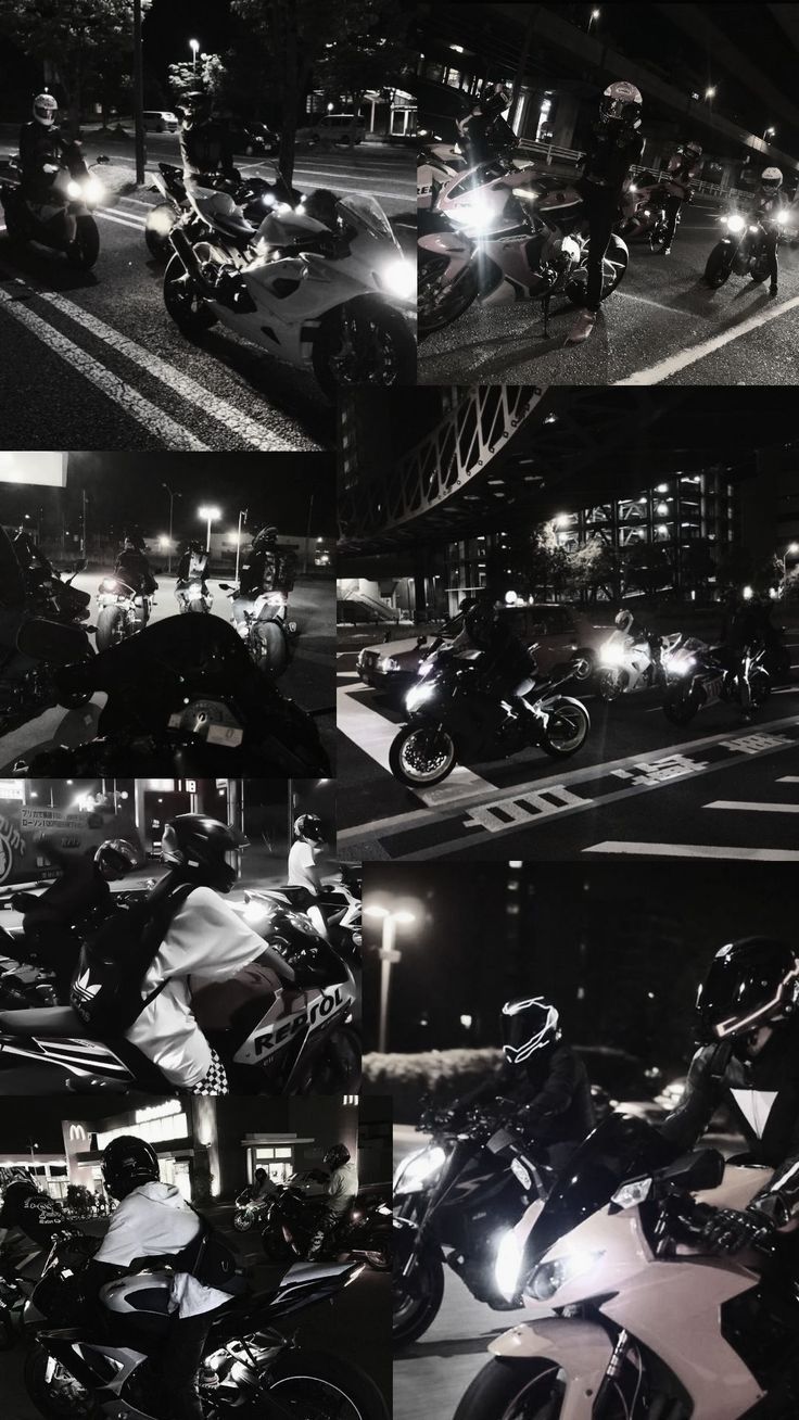 Biker-Treffen, Motorräder, Nacht, Schwarz-Weiß, Collage, HD, Handy-Hintergrund