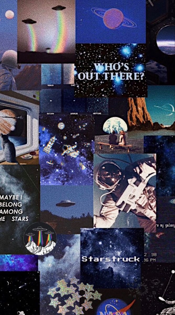 Collage, Who's Out There, Weltraum, Ästhetik, Dunkelblau, Hintergrundbild fürs Handy