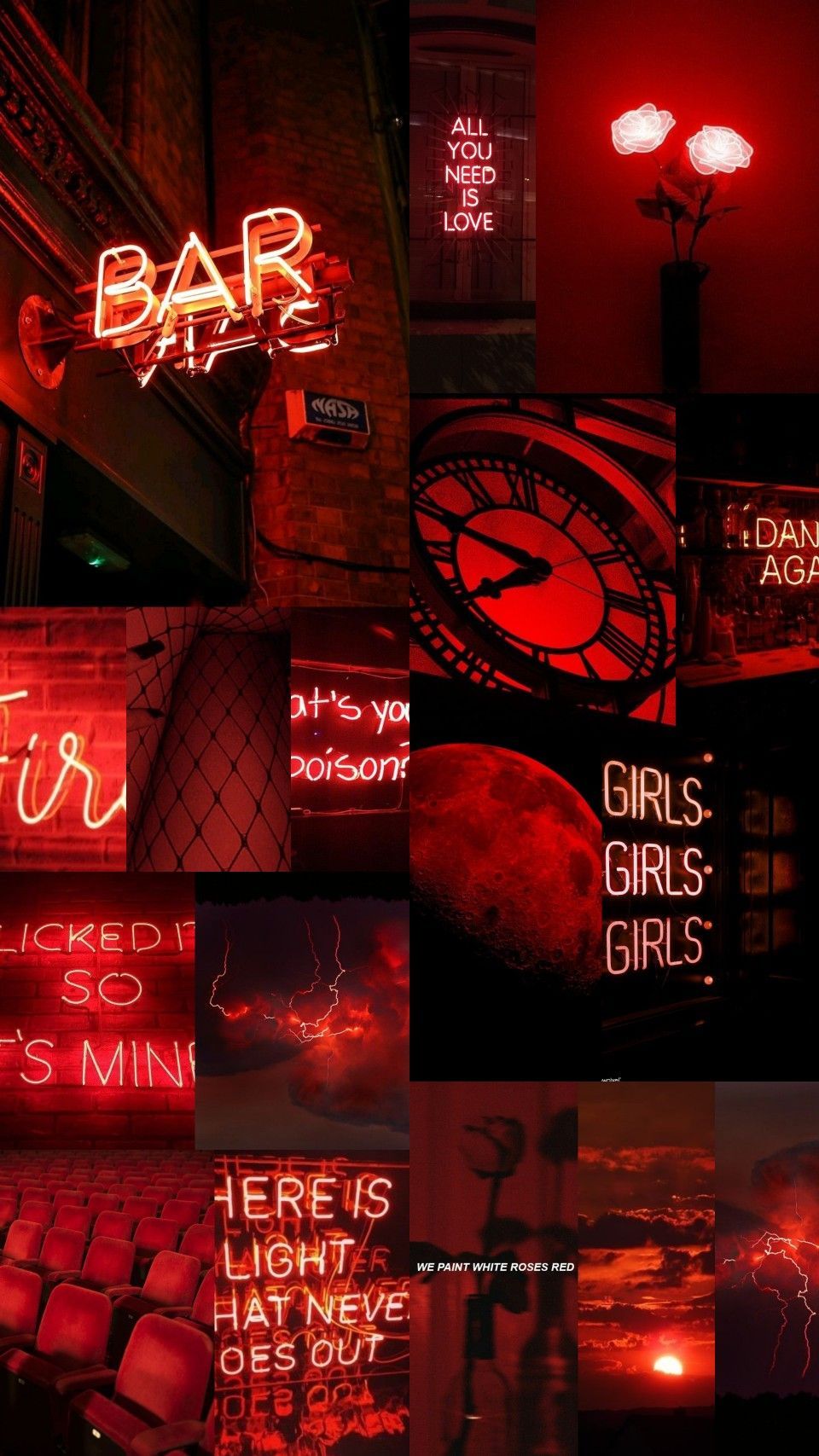 Collage, Neonschild, Bar, Rote Ästhetik, Nachtleben, Hintergrundbild für iPhone und Android
