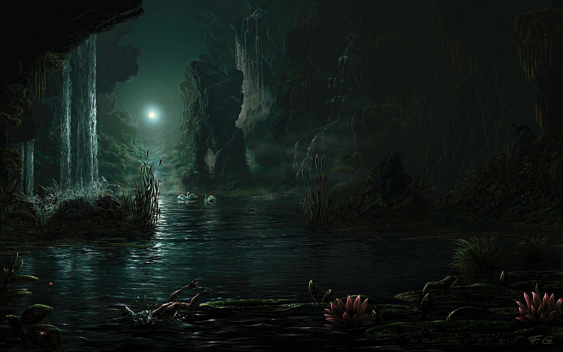 See, Wald, Nacht, Mondlicht, Seerosen, Dunkel, Full HD, Desktop-Hintergrund für Windows