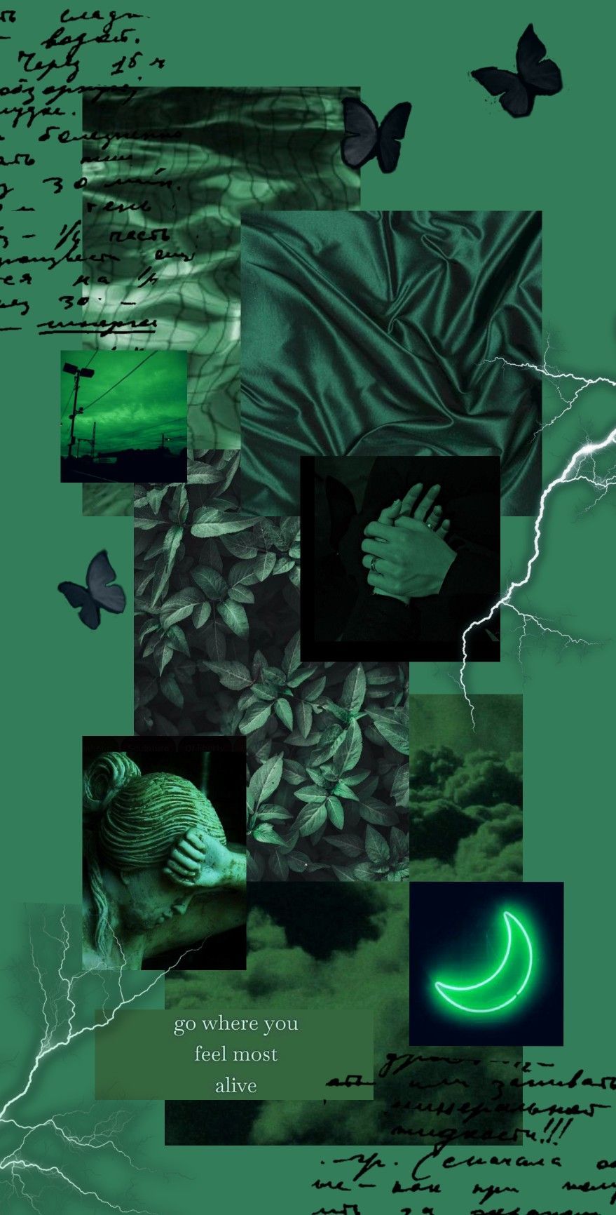 Collage, Grün, Mondsichel, Schmetterlinge, Pflanzen, HD, Handy-Hintergrund im Hochformat